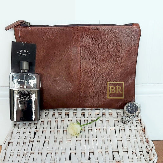 Personalised tan brown men's toiletry accessory bag
