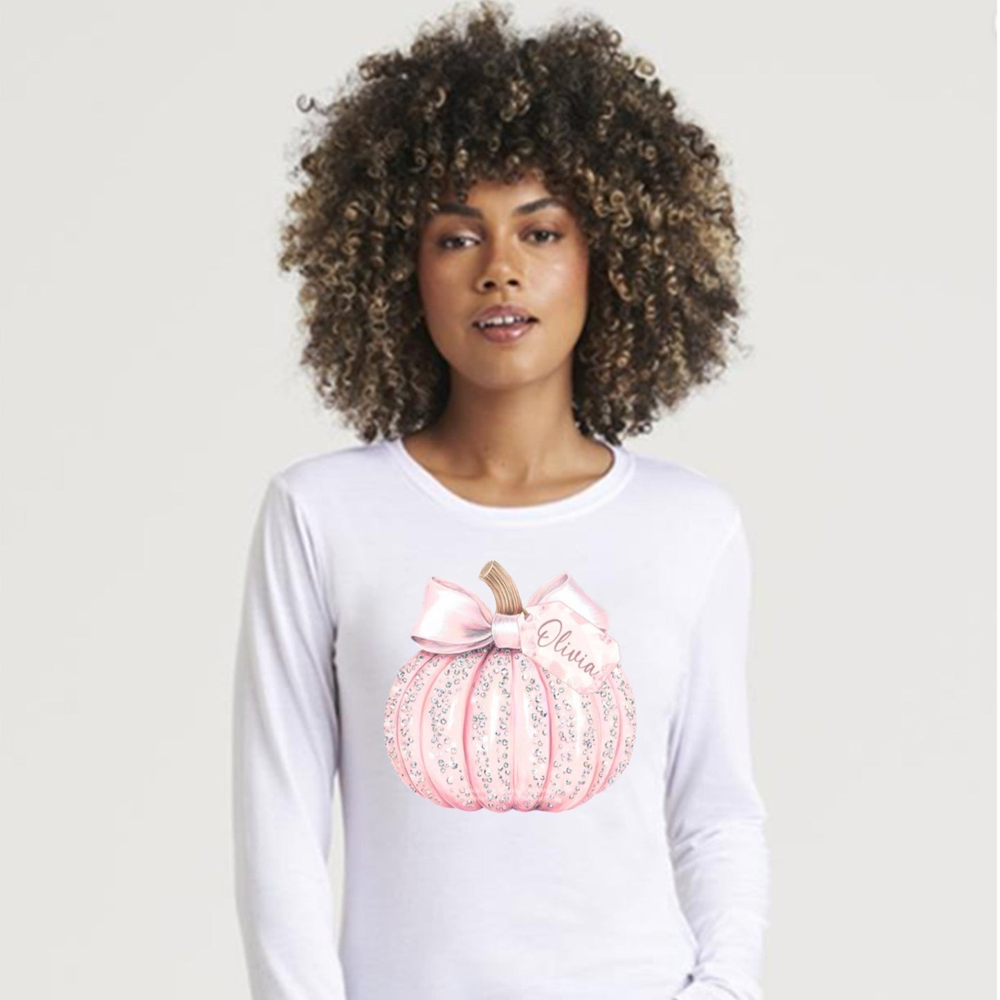 Personalised pink glitter pumpkin ladies long-sleeve t-shirt
