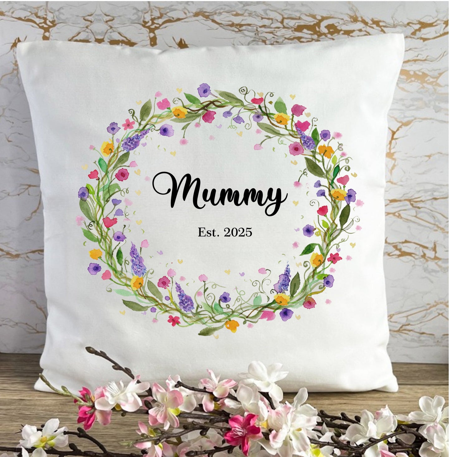 Personalised floral wreath cushion for Mum