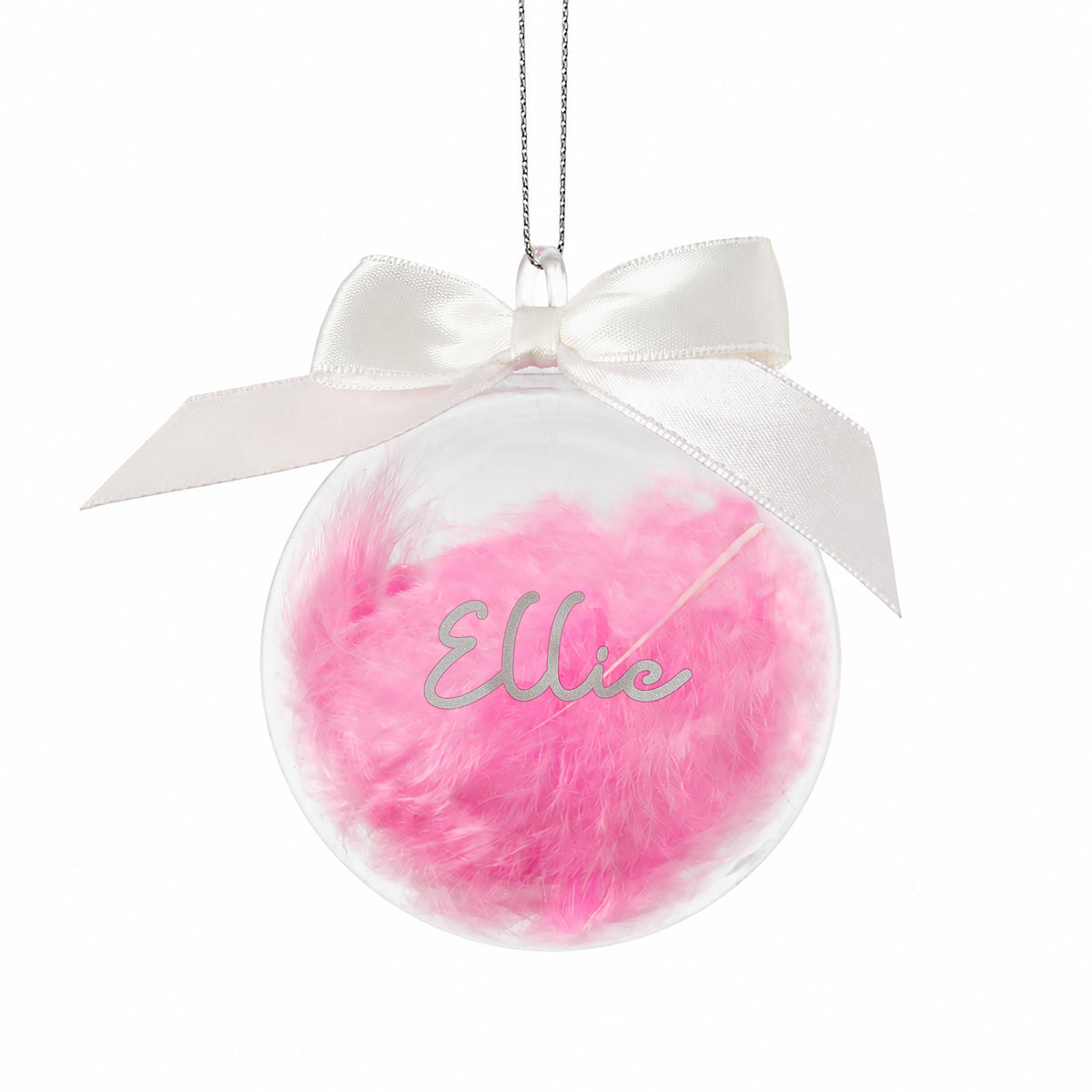 Personalised Pink Feather Name Glass Bauble With Ribbon