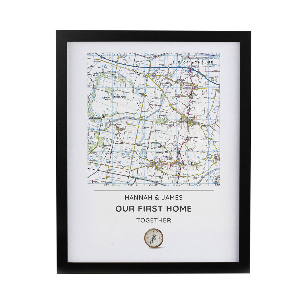 Personalised Present Day Map Compass Black Poster Frame