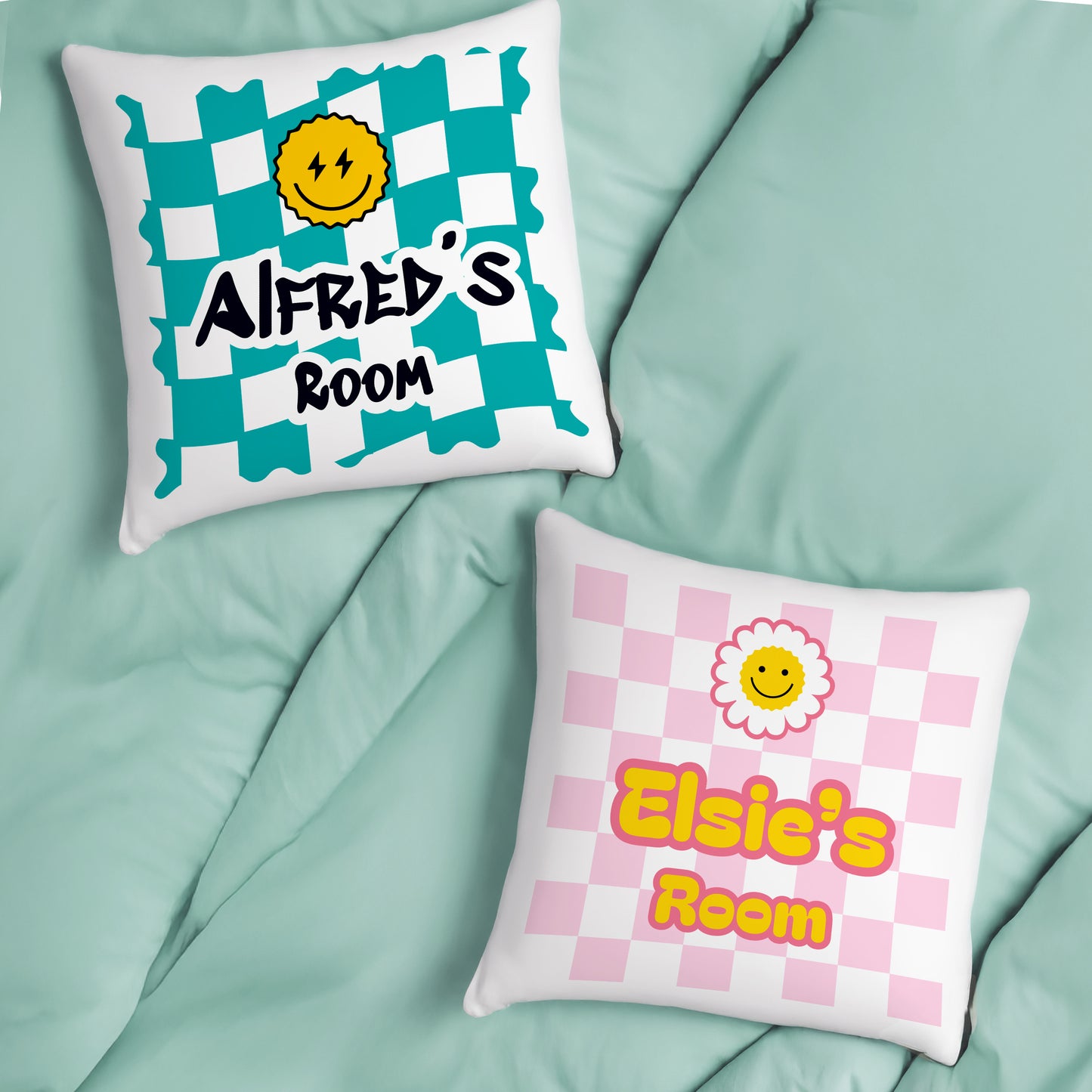 Personalised Blue Check Childrens Bedroom Cushion