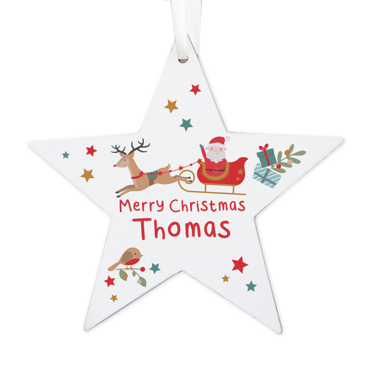 Personalised Santa & Reindeer Wooden Star Decoration
