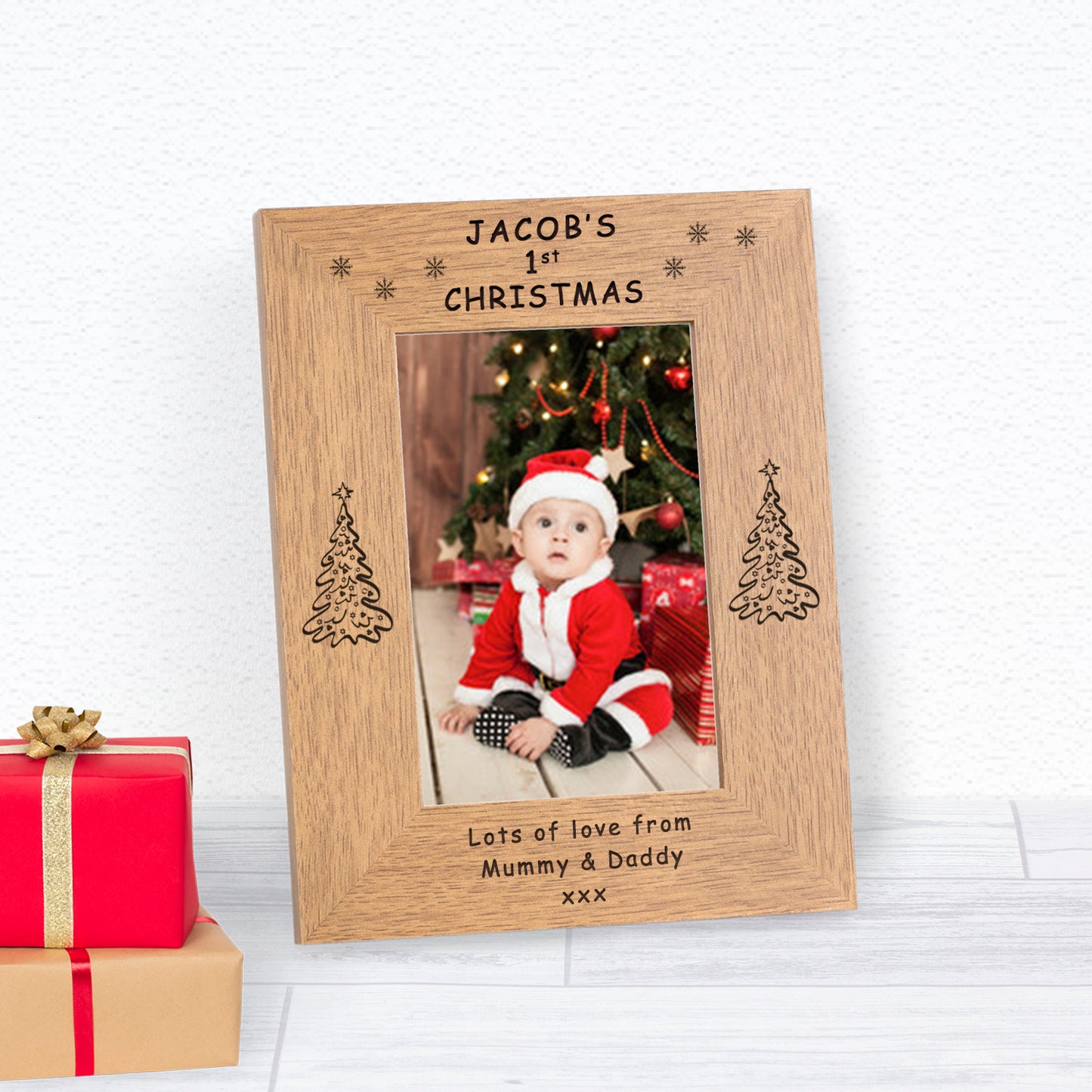 1st Christmas Personalised Oak Photo Frame – Custom Message