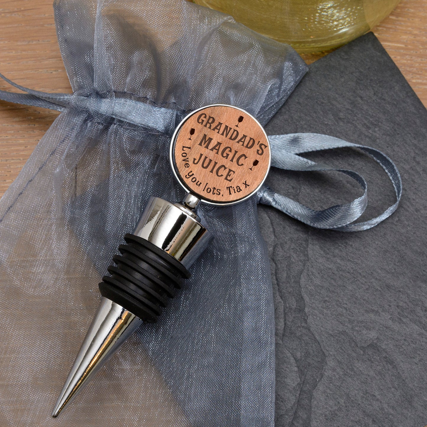Magic Juice Cherrywood Bottle Stopper – Funny Gift for Wine Lovers