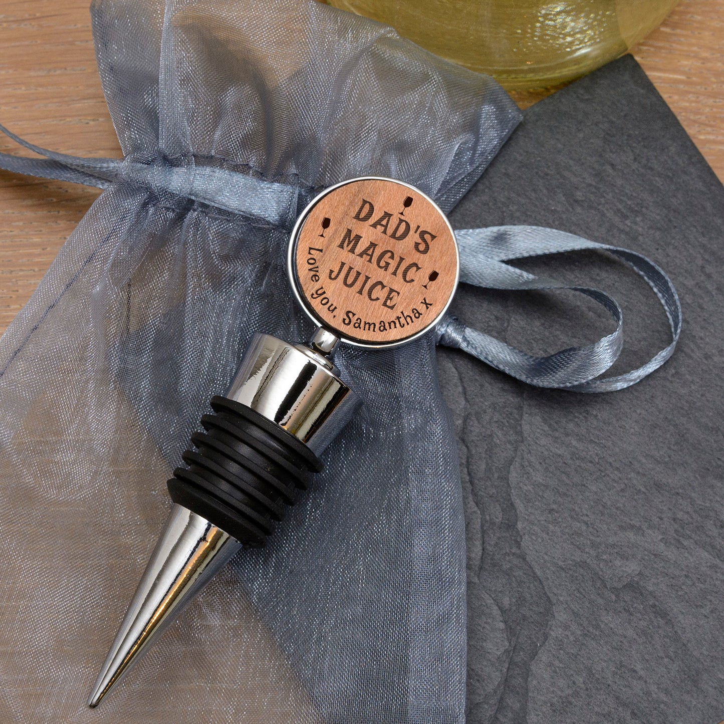 Magic Juice Cherrywood Bottle Stopper – Funny Gift for Wine Lovers