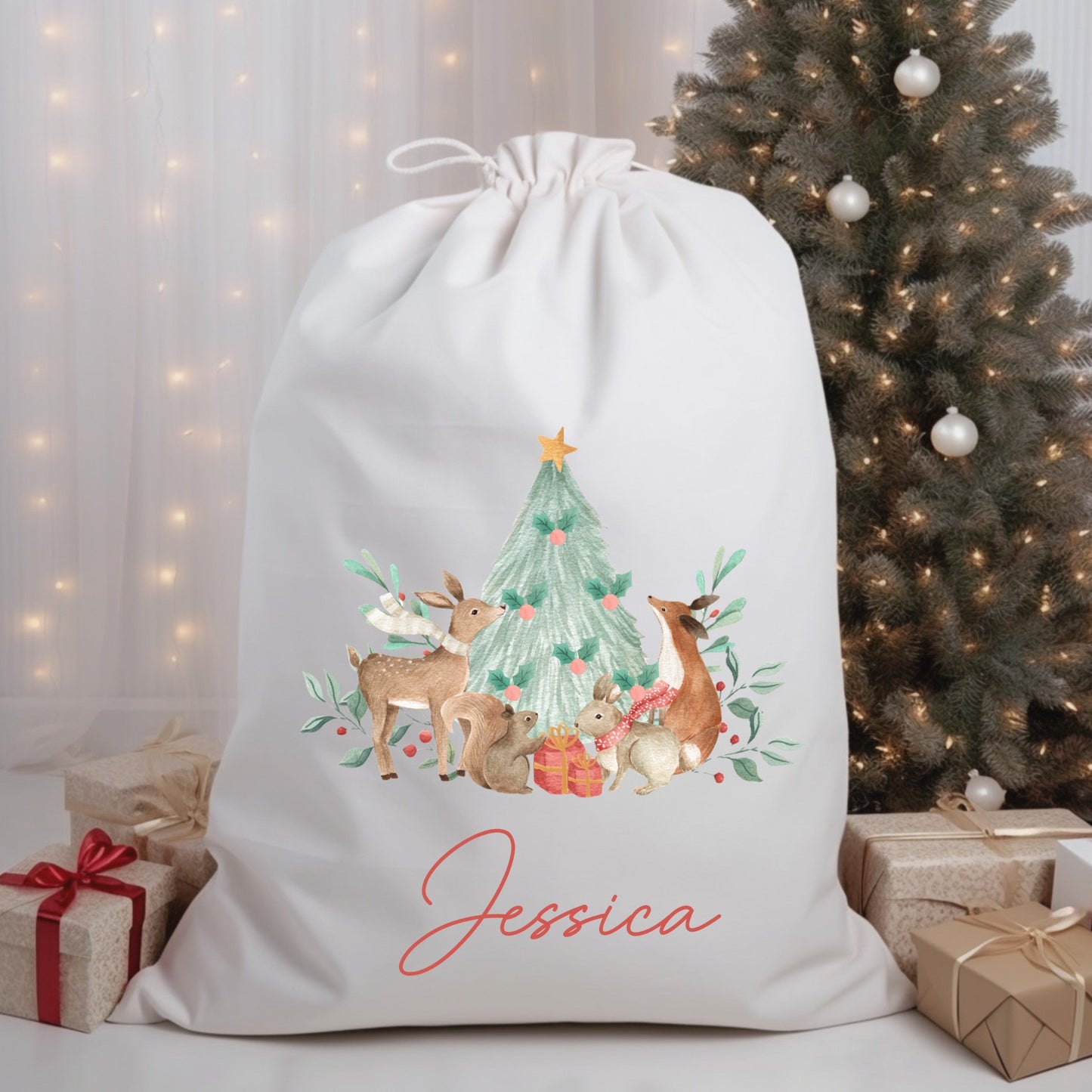 Personalised woodland theme first Christmas sack