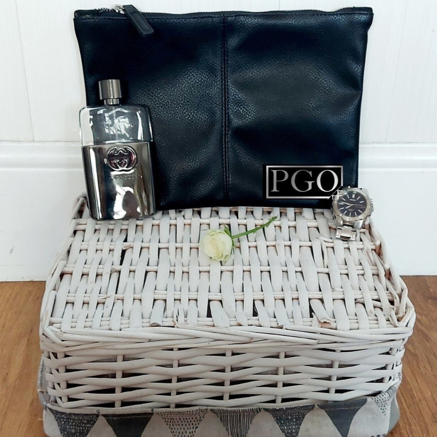 Mens personalised black faux leather accessory pouch