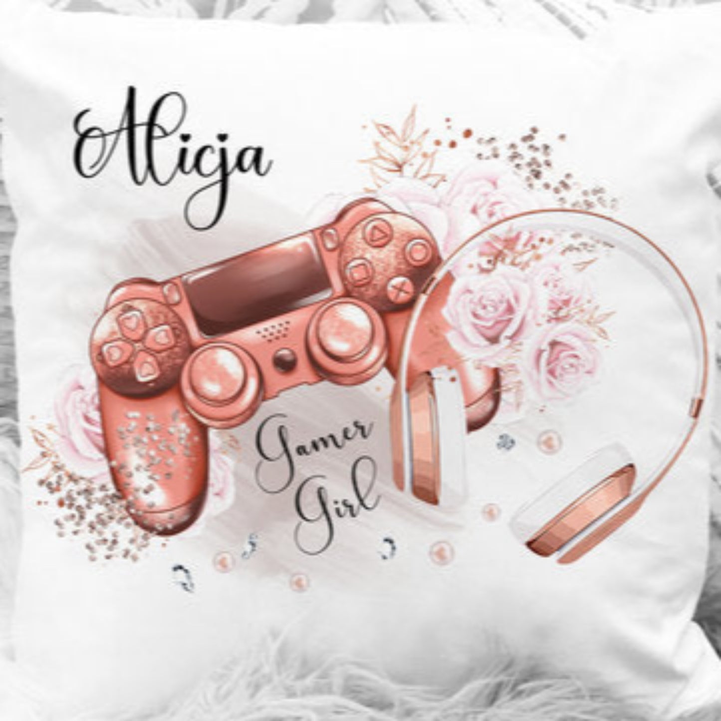 Personalised girls' rose gold gaming cushion