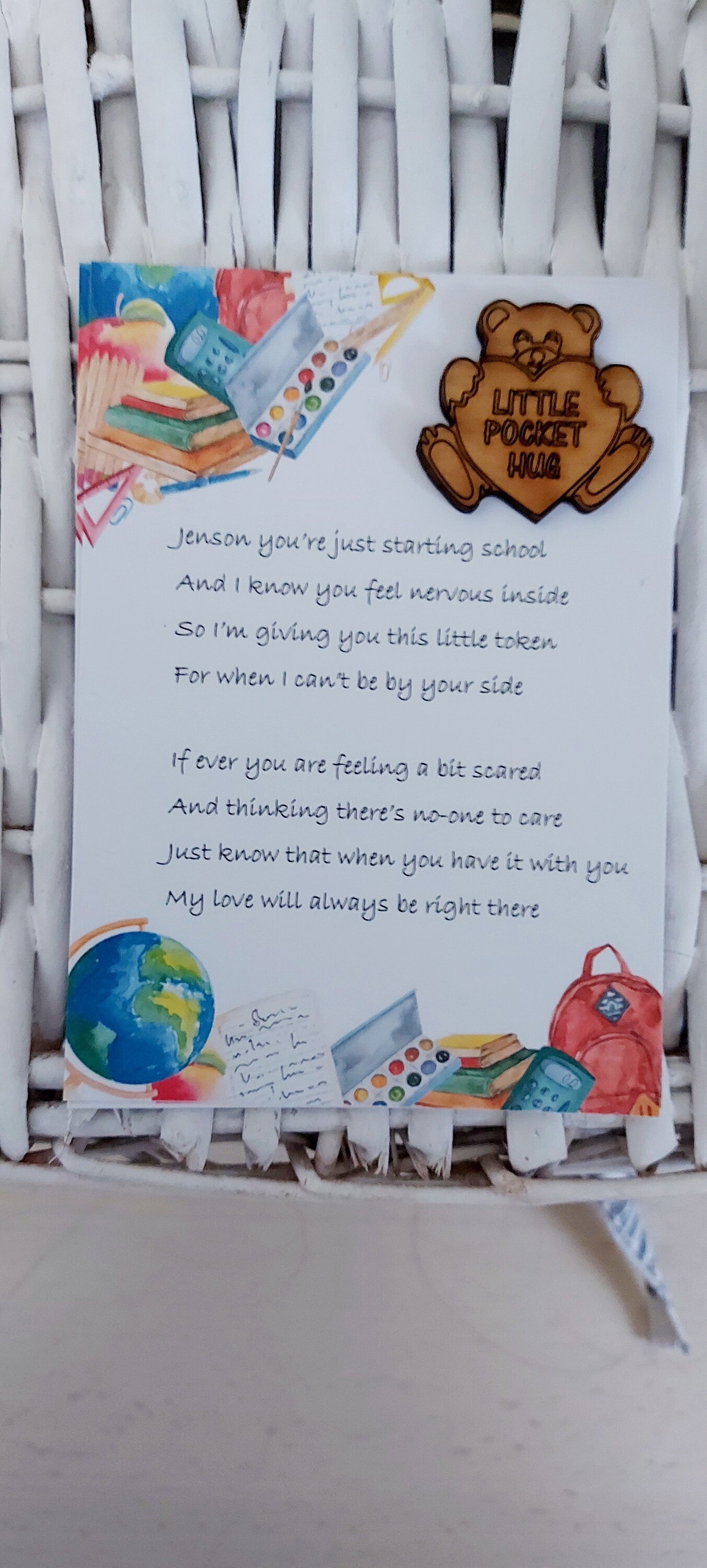 Personalised starting school pocket hug good luck token