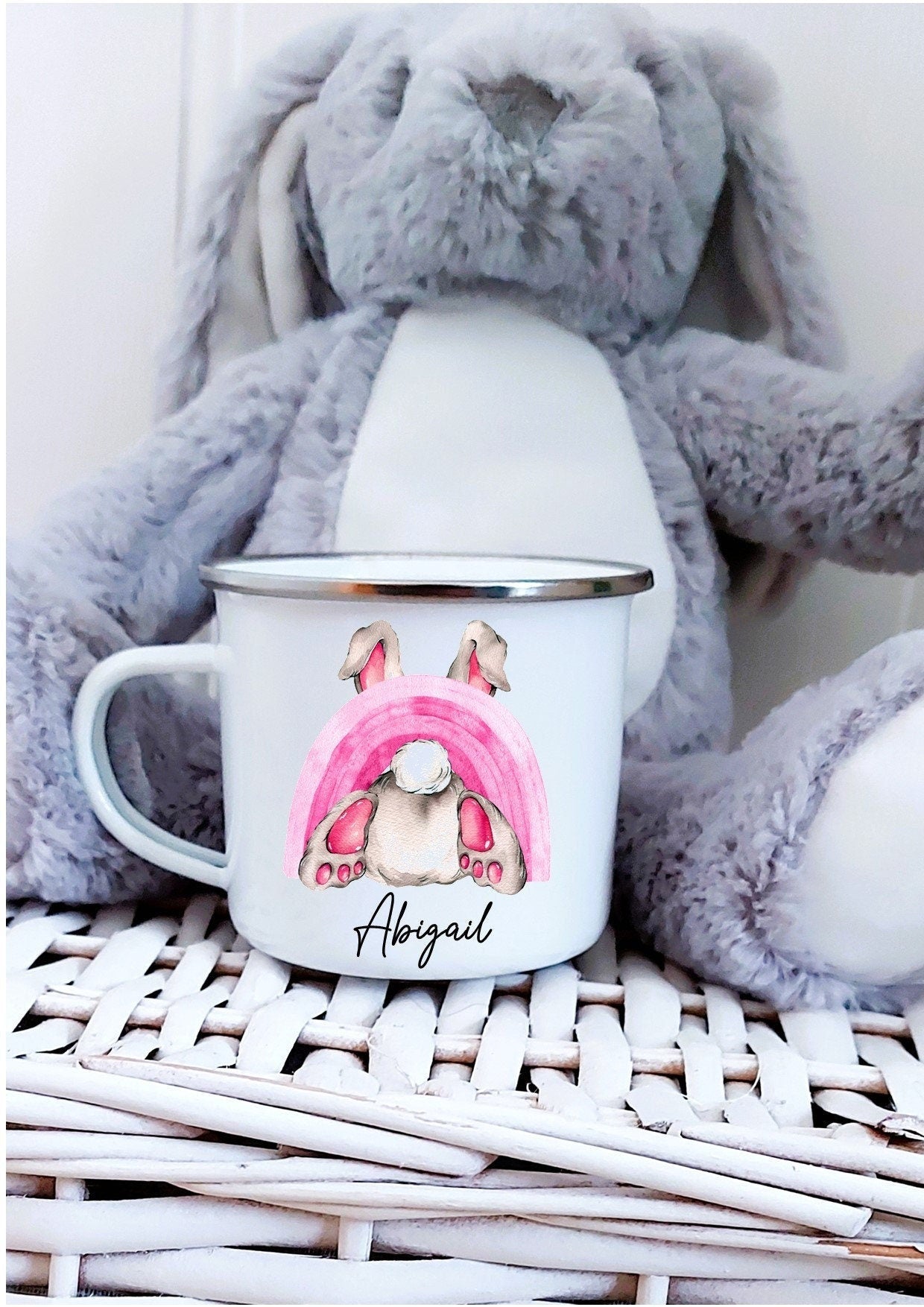 personalised Easter Mug: Pink Bunny Rainbow, Girl's Gift
