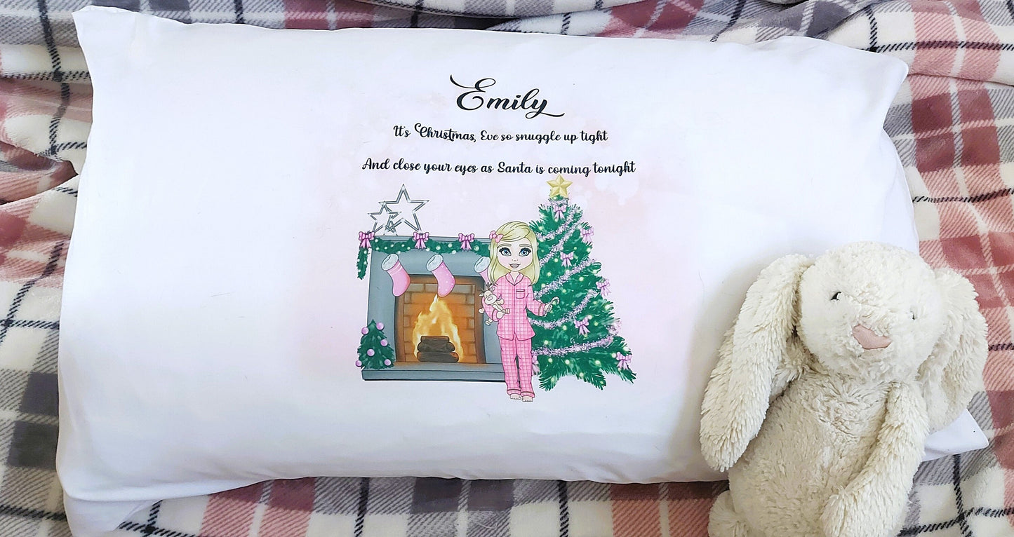 Personalised girl's pink Christmas Eve pillowcase