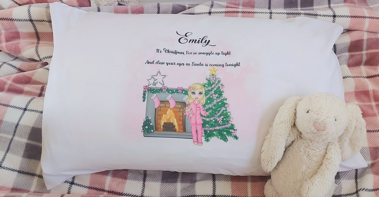 Personalised girl's pink Christmas Eve pillowcase