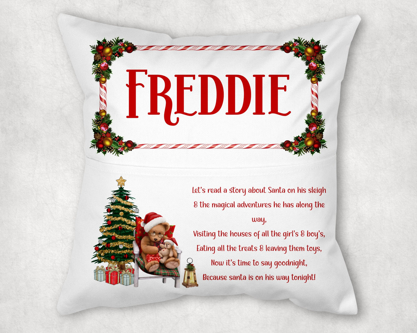 Personalised Christmas bear reading cushion