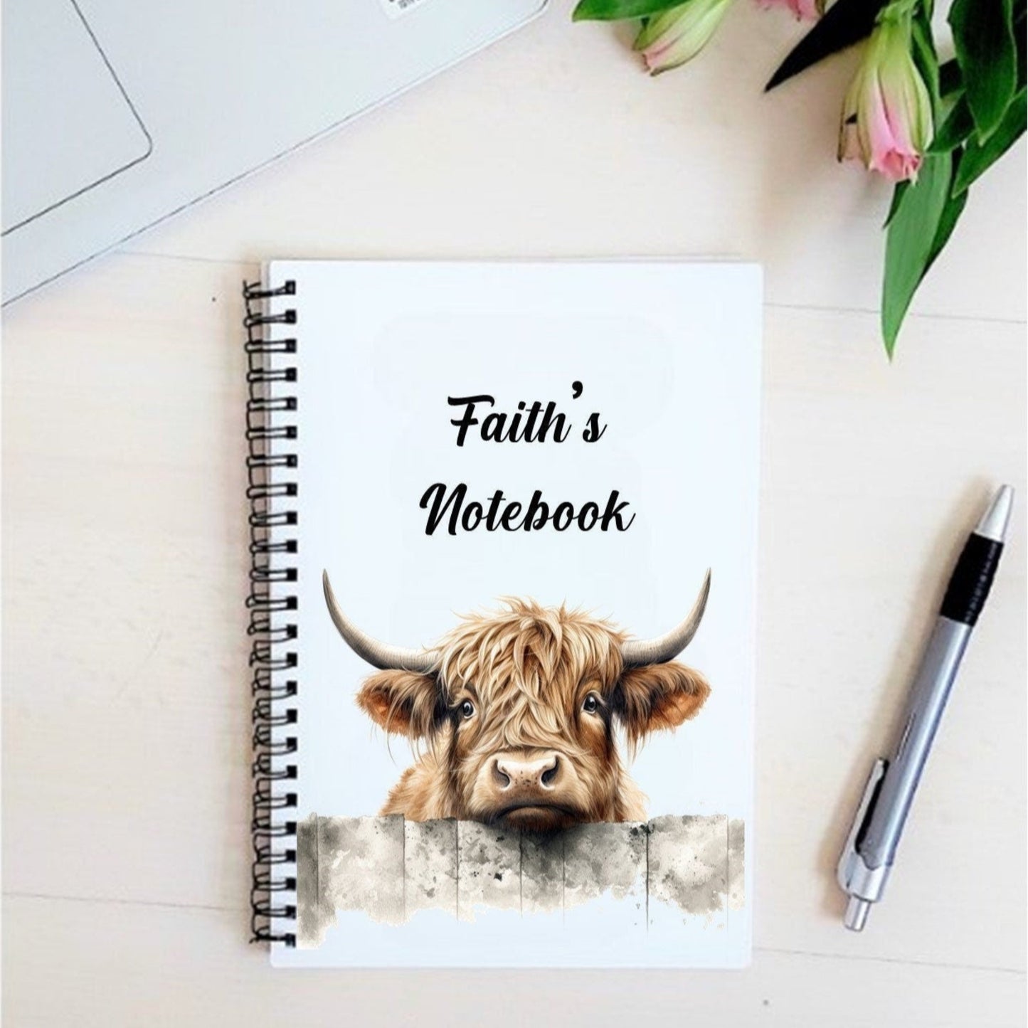 Personalised highland cow notebook