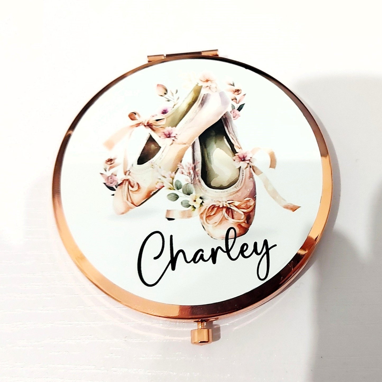 Personalised rose gold ballerina compact mirror