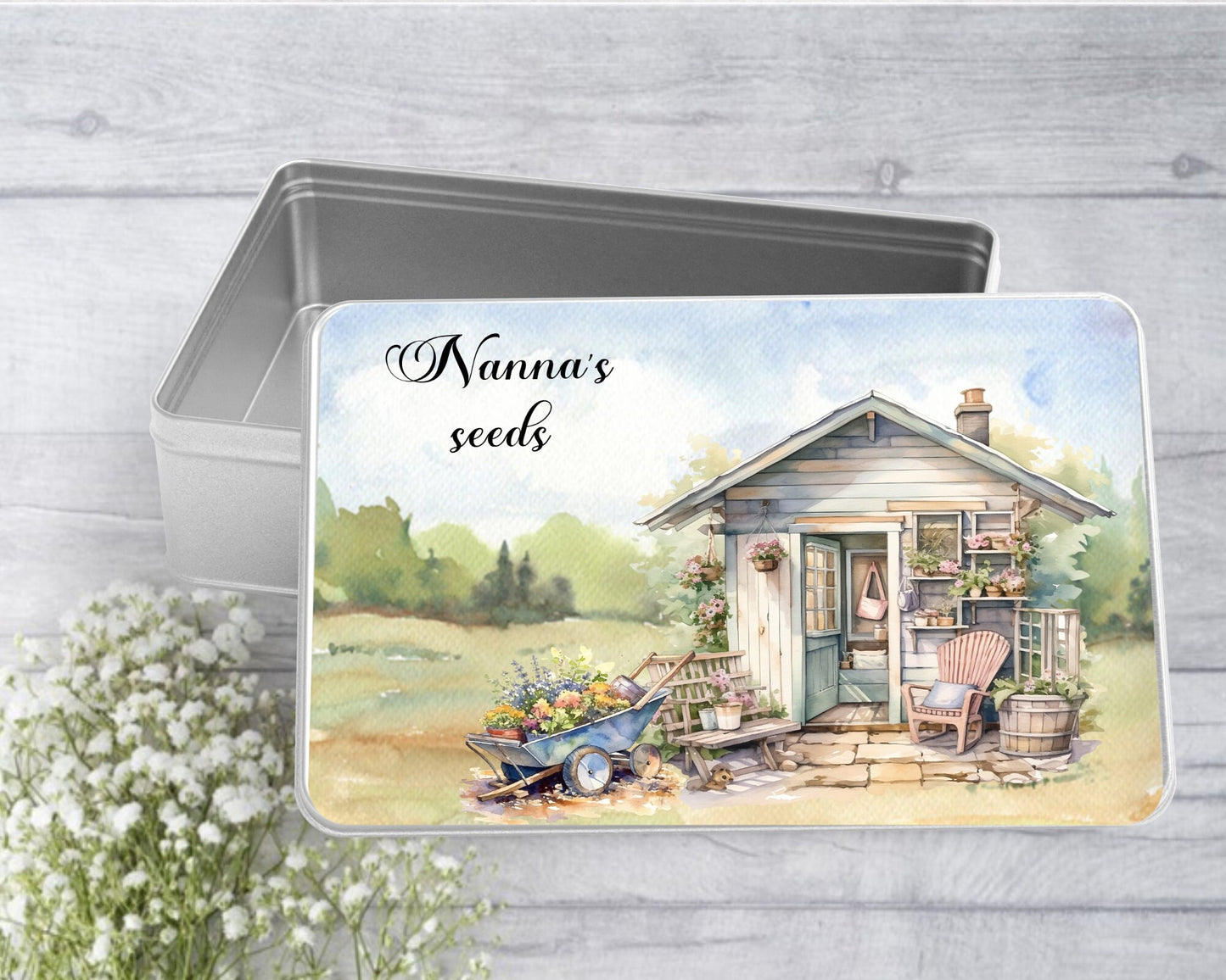 Nanna's seeds garden themed storage tin - choose your wording