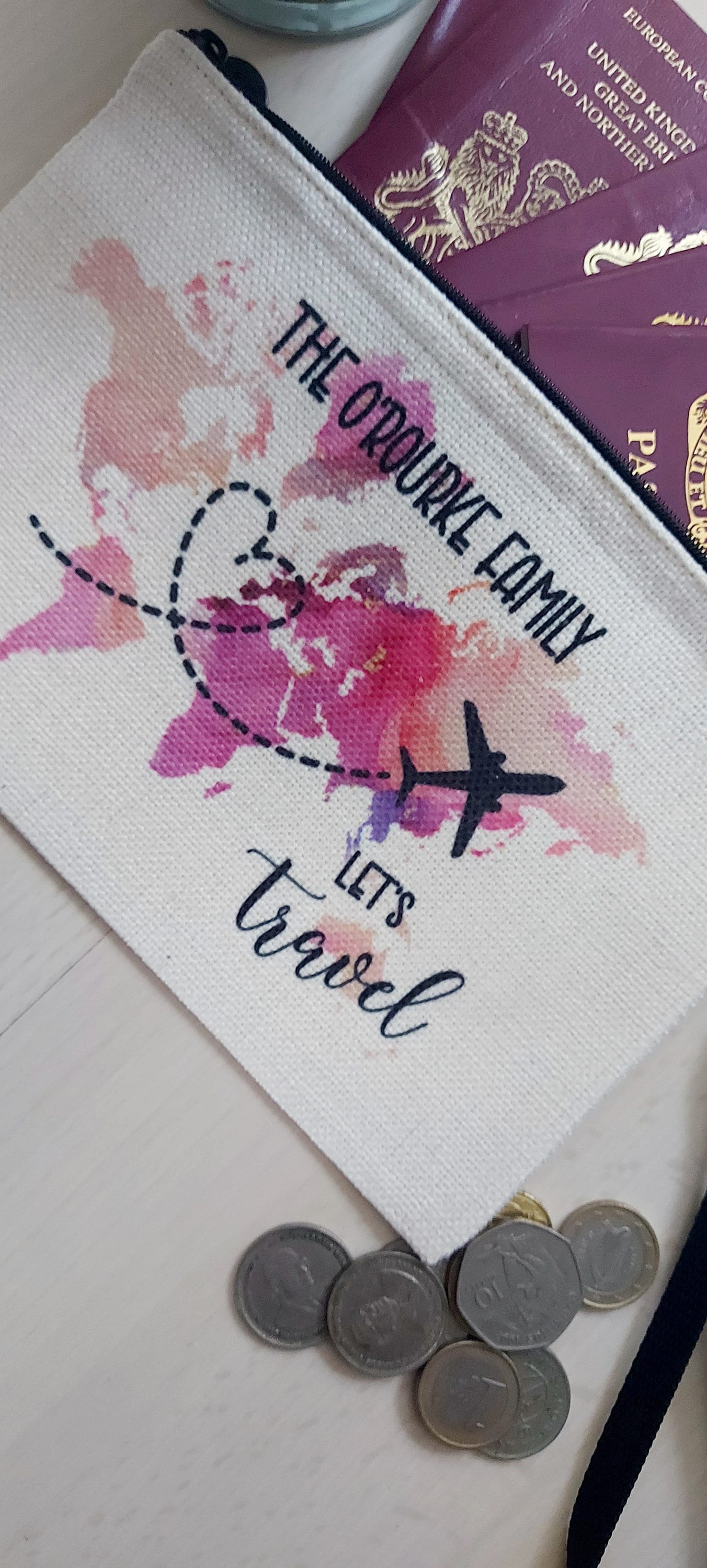 Personalised family passport holder, travel document storage, travel bag