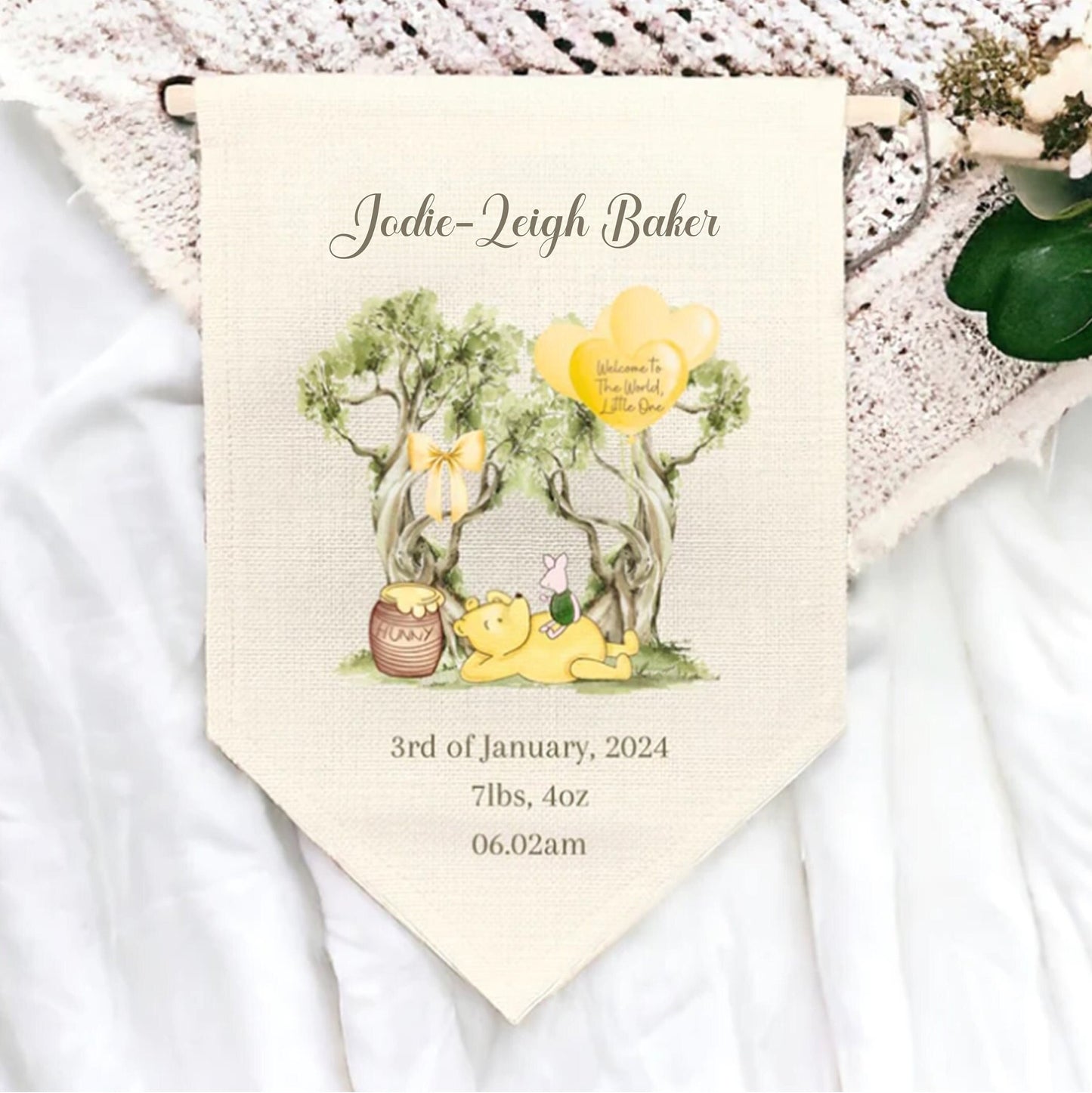 Classic Winnie the Pooh personalised New baby pennant flag