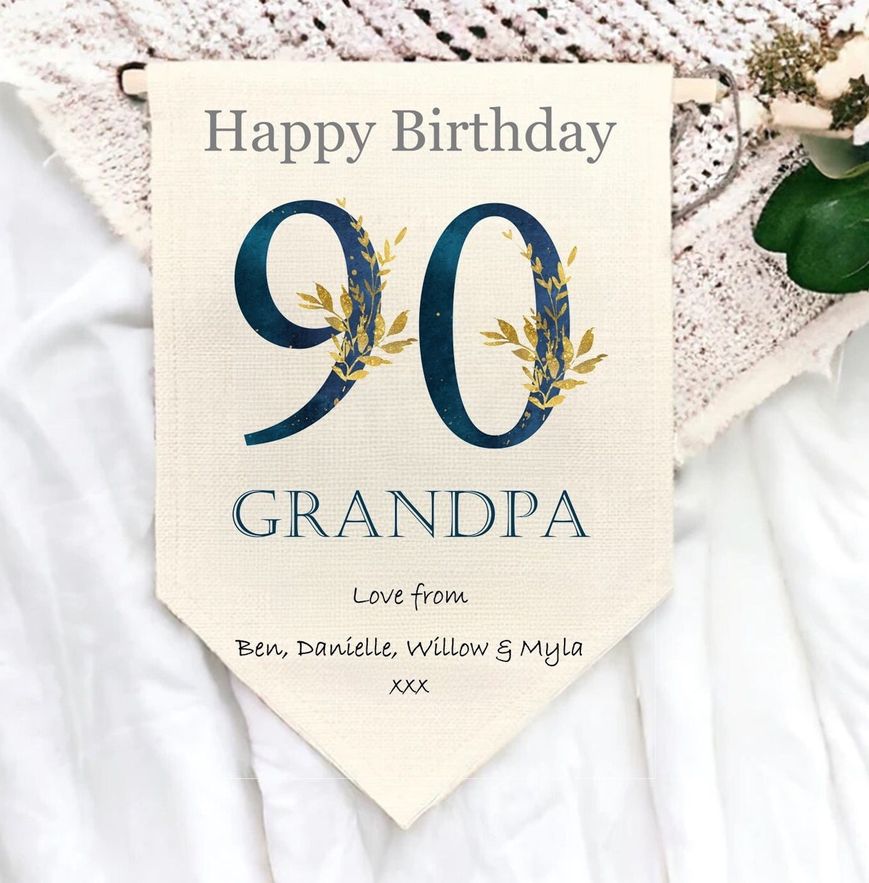 Personalised mens 90th birthday pennant flag