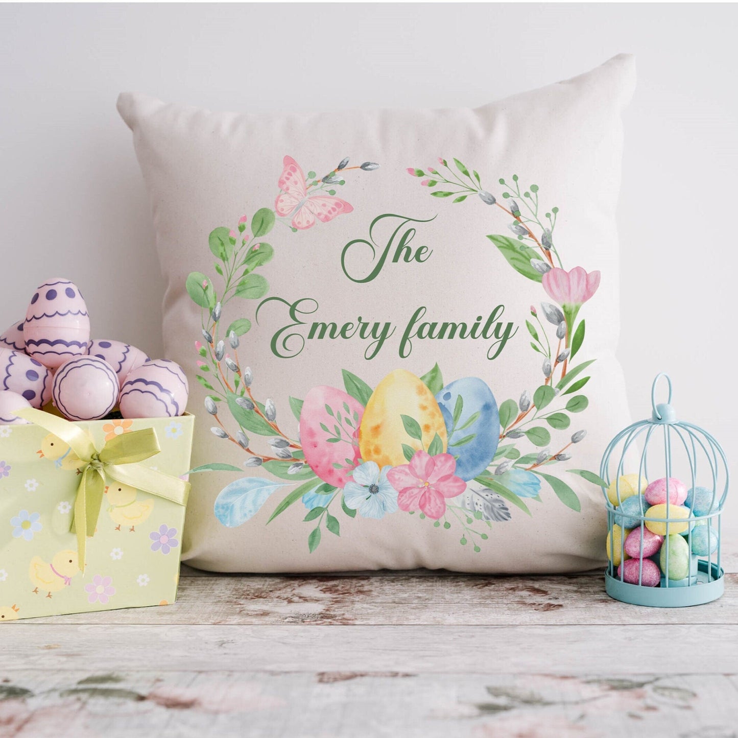 Personalised family Easter wreath cushion