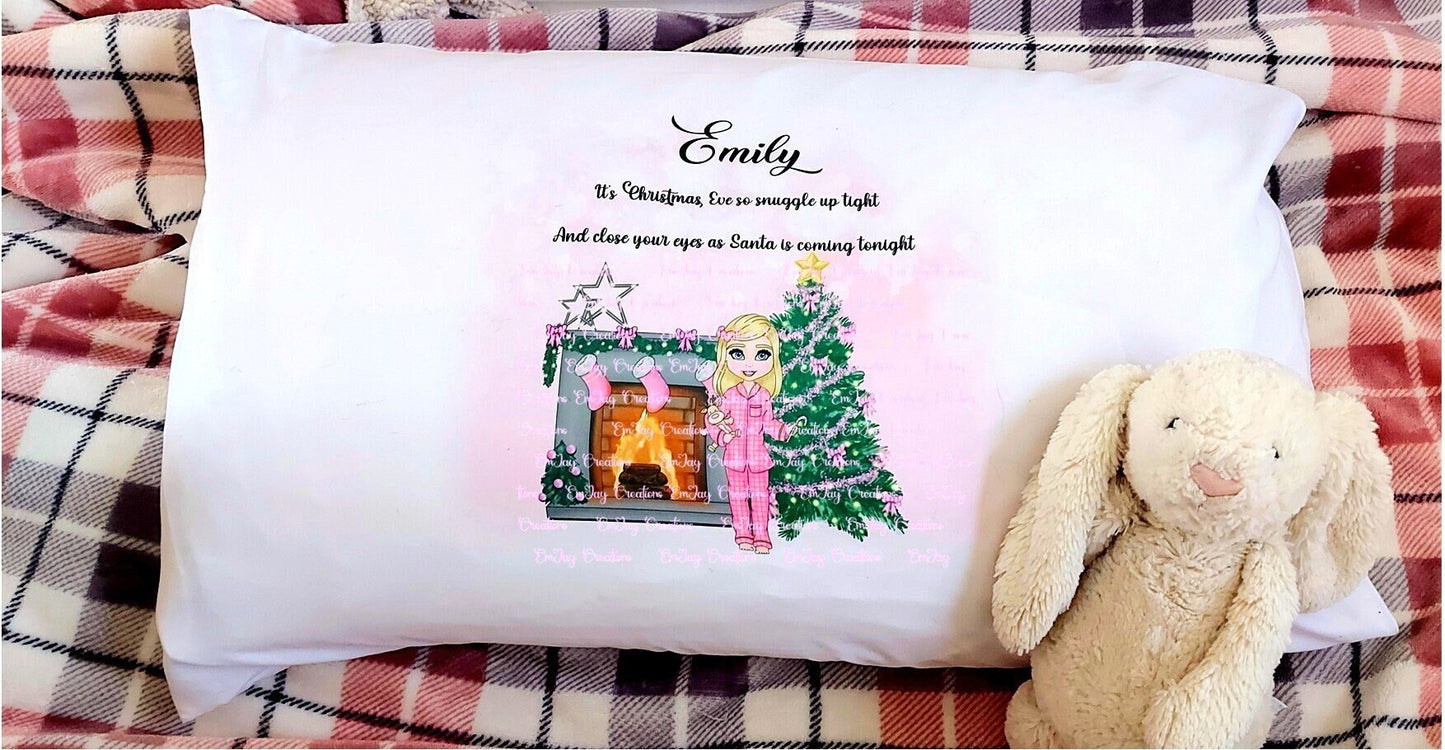 Personalised girl's pink Christmas Eve pillowcase
