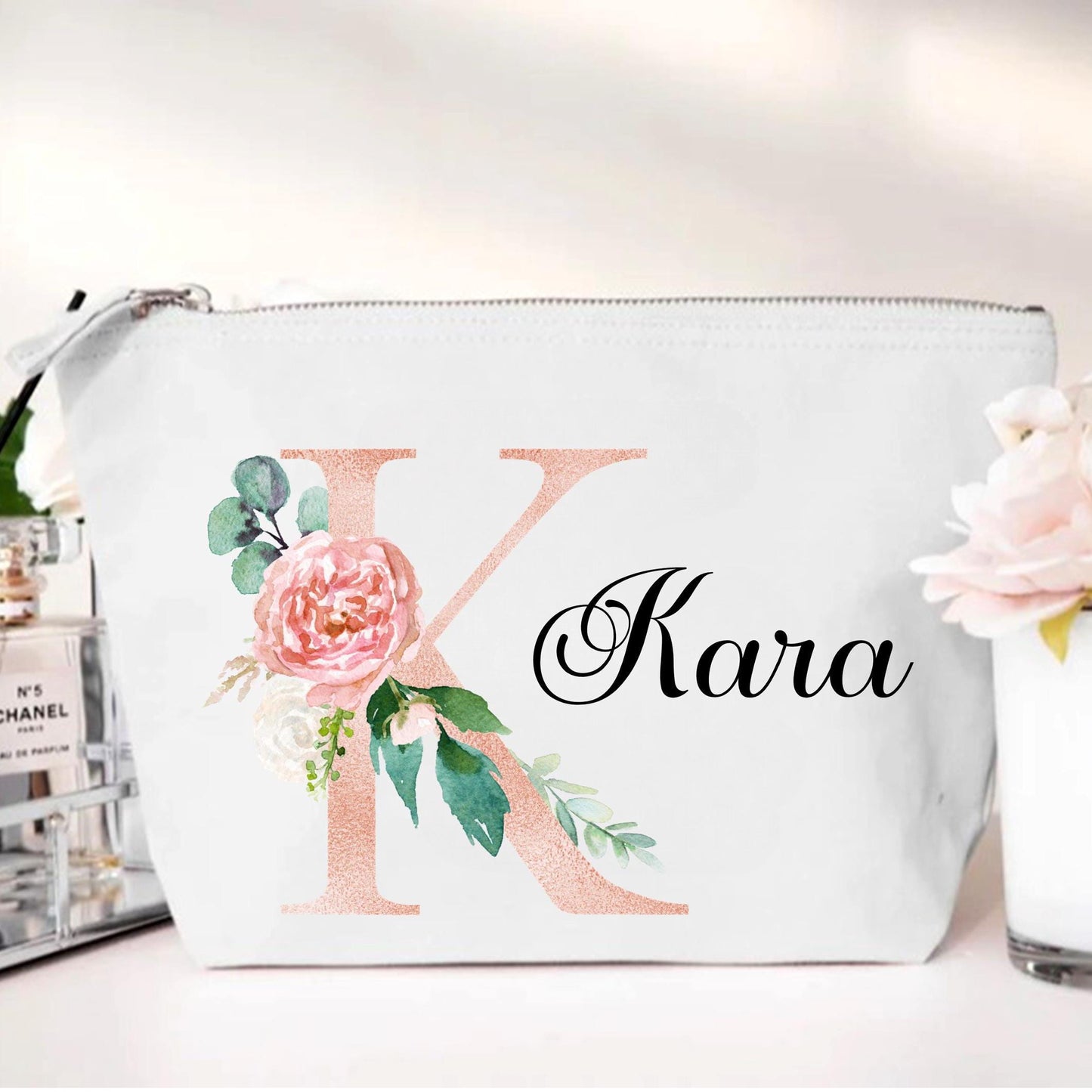 personalised Floral Bridal Party Makeup Bag: Rose Gold Monogram
