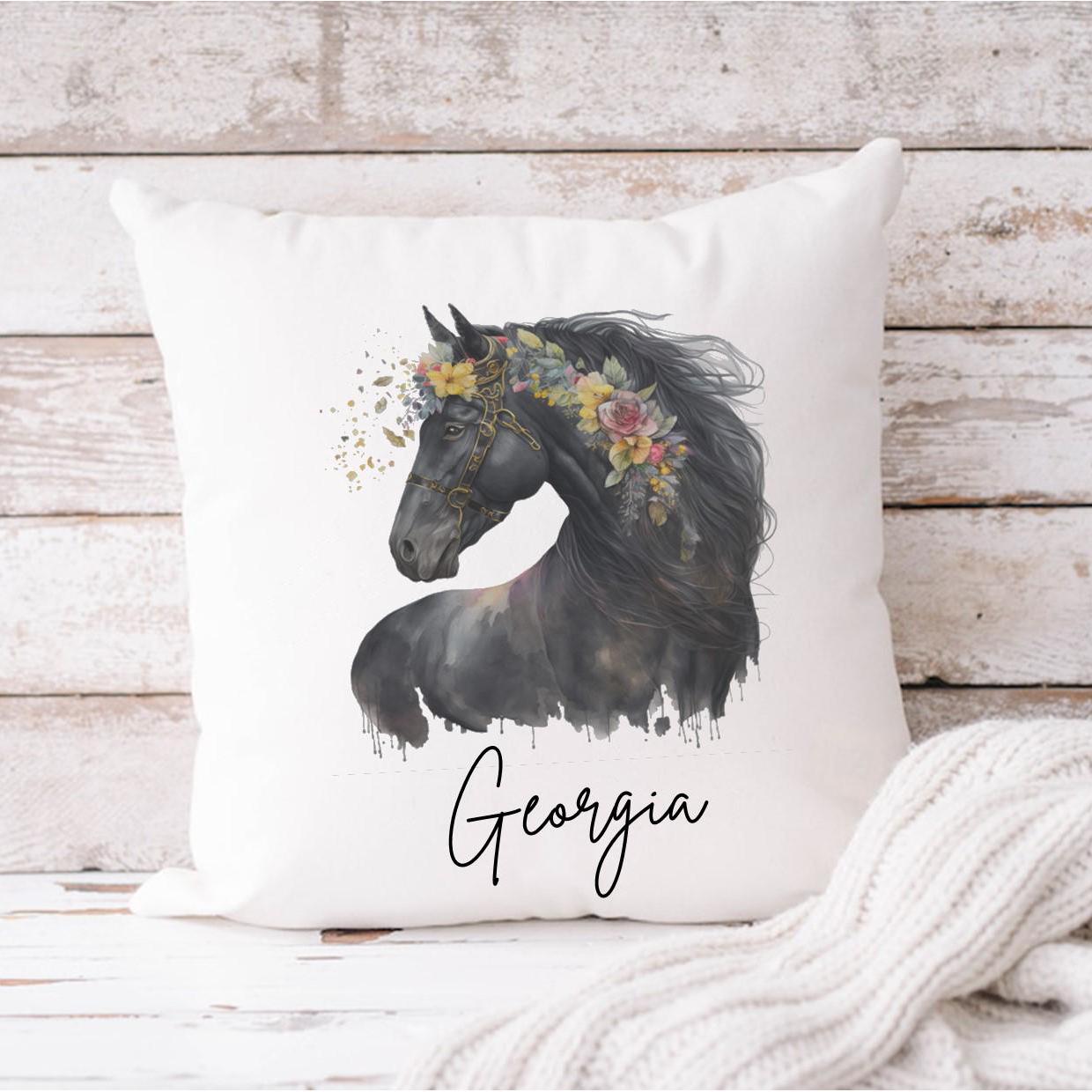Personalised floral black horse cushion
