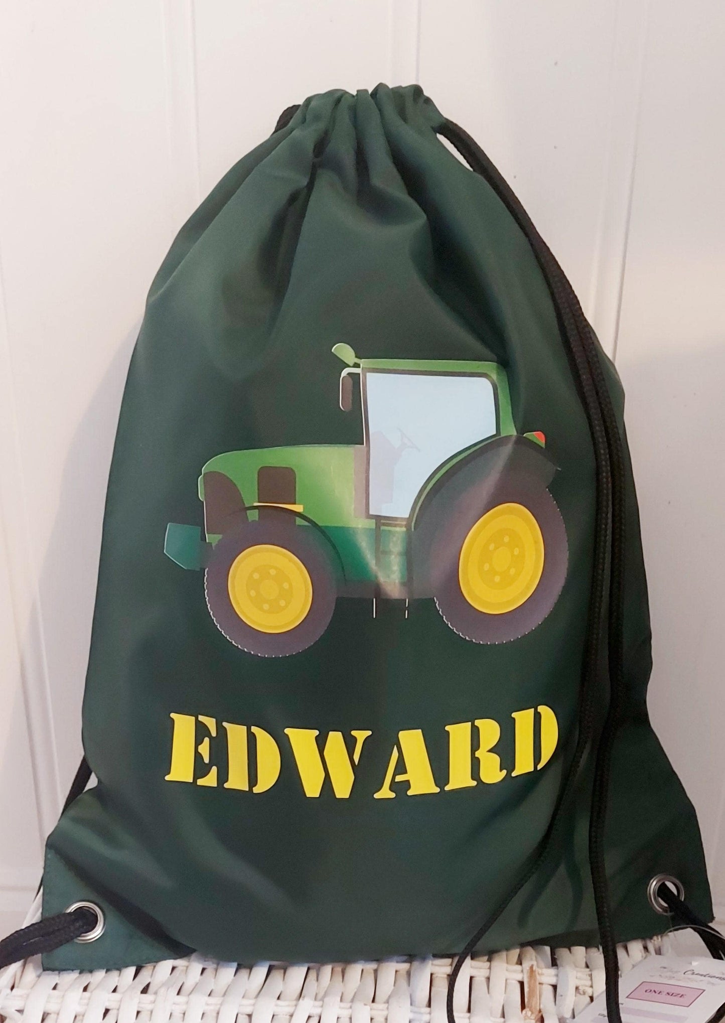 Personalised green tractor PE drawstring bag