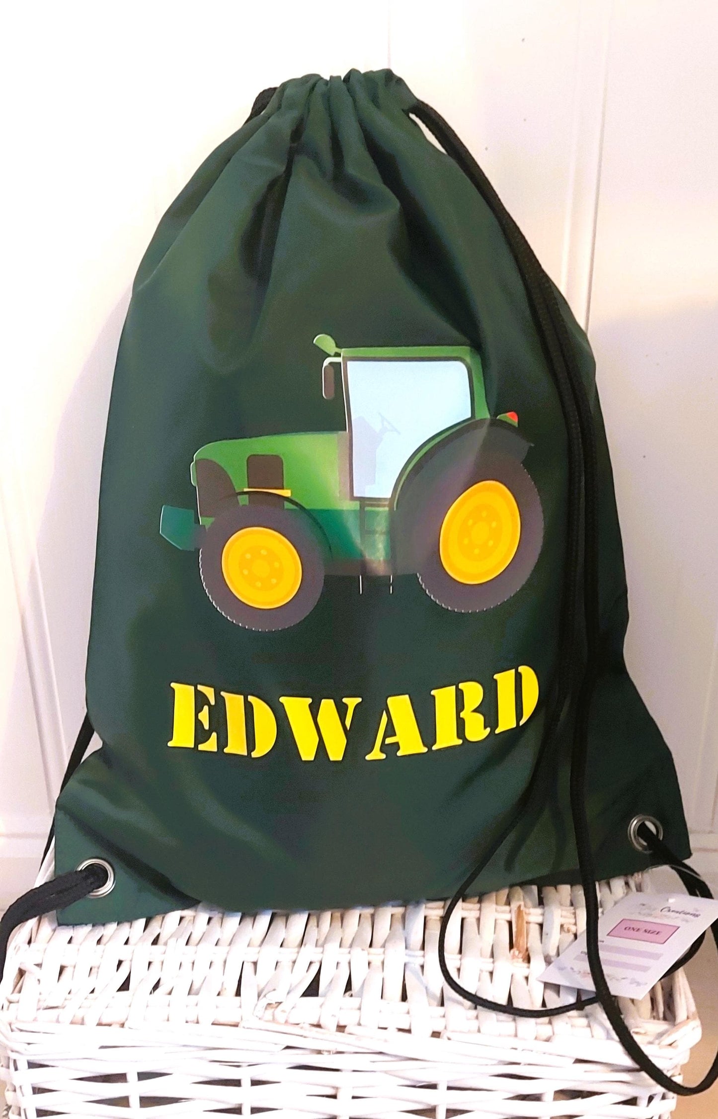 Personalised green tractor PE drawstring bag