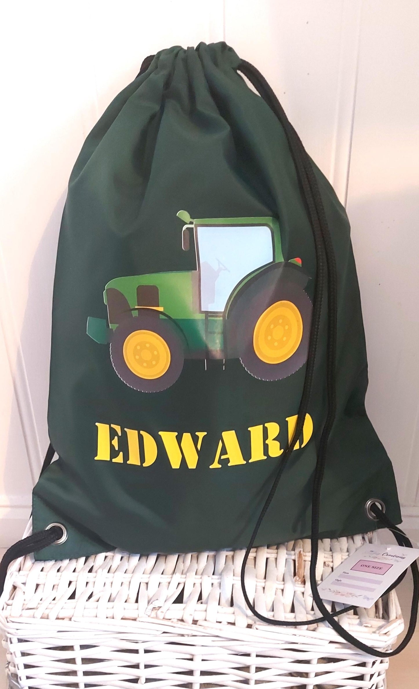 Personalised green tractor PE drawstring bag