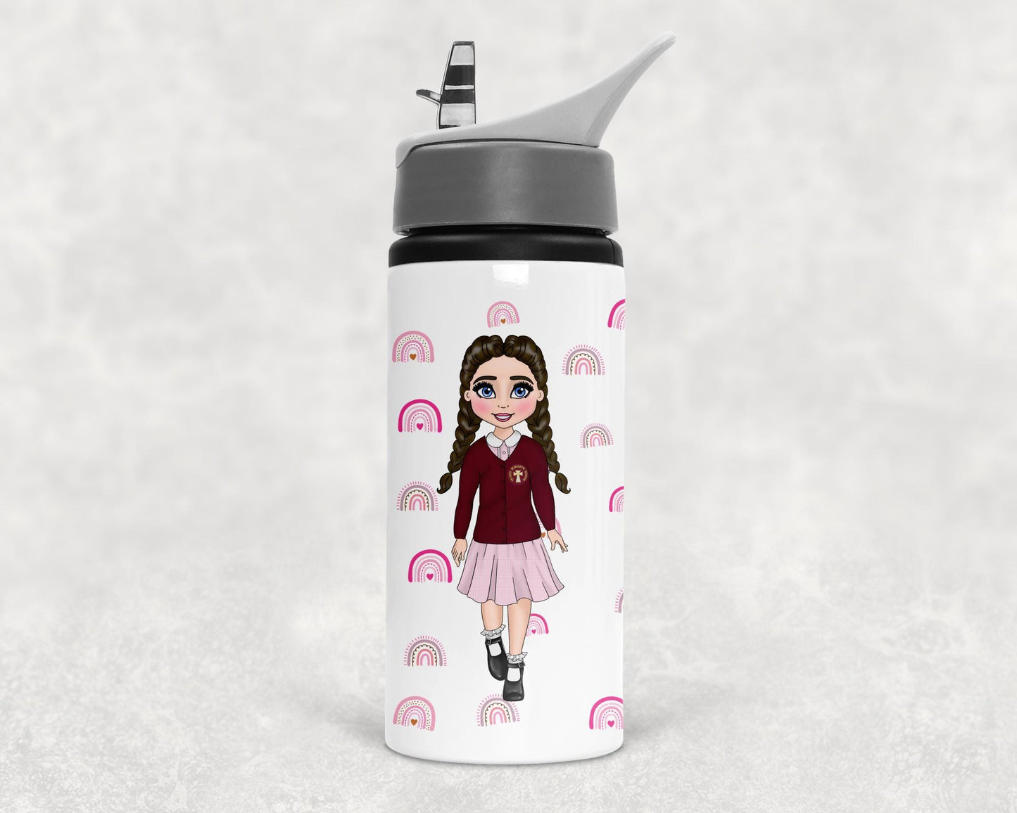 Personalised burgundy school uniform water bottle, back to school, school gifts, pink school water bottle
