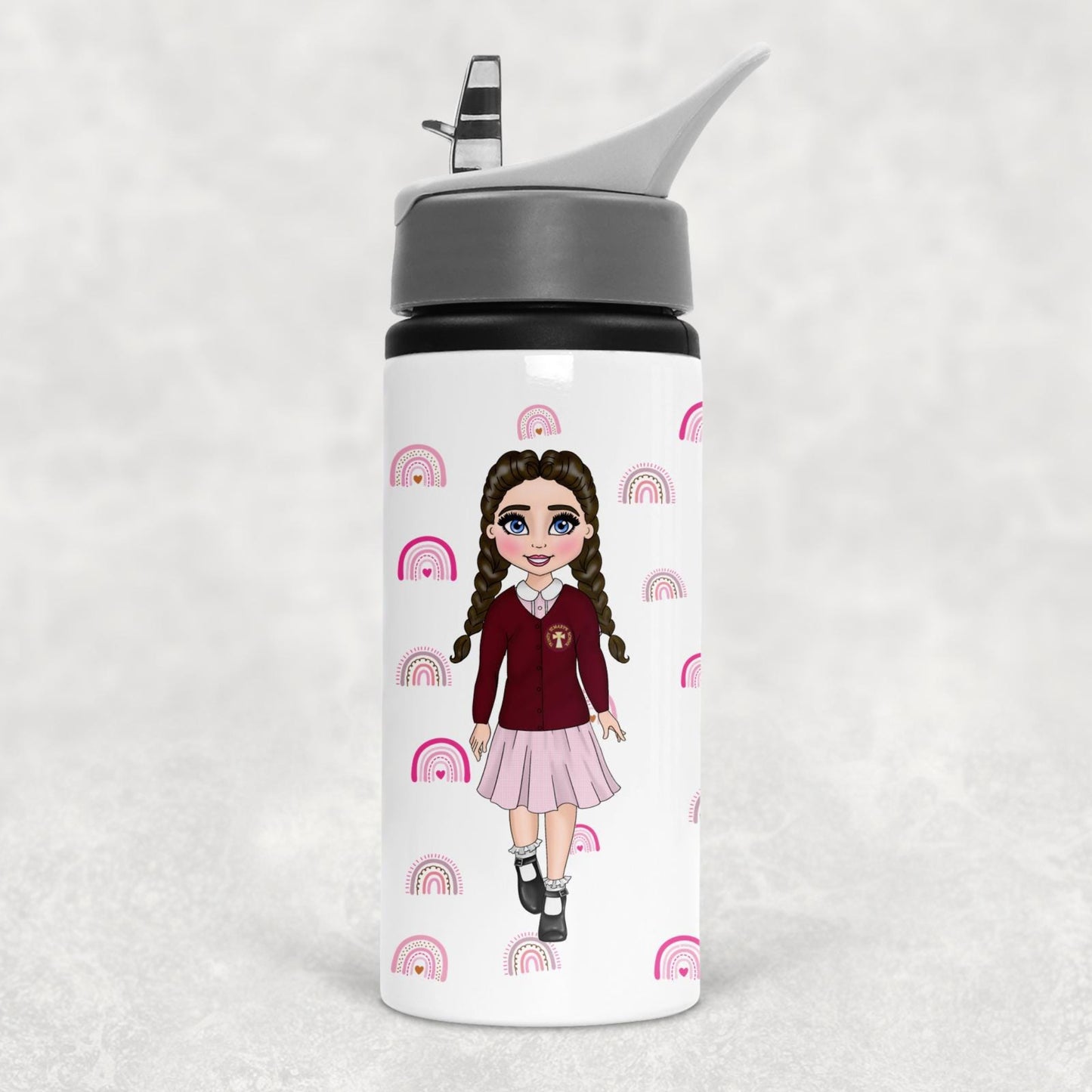 A personalized water bottle with a printed character design in burgundy school uniform colors, featuring a retractable mouthpiece and a plastic handle.