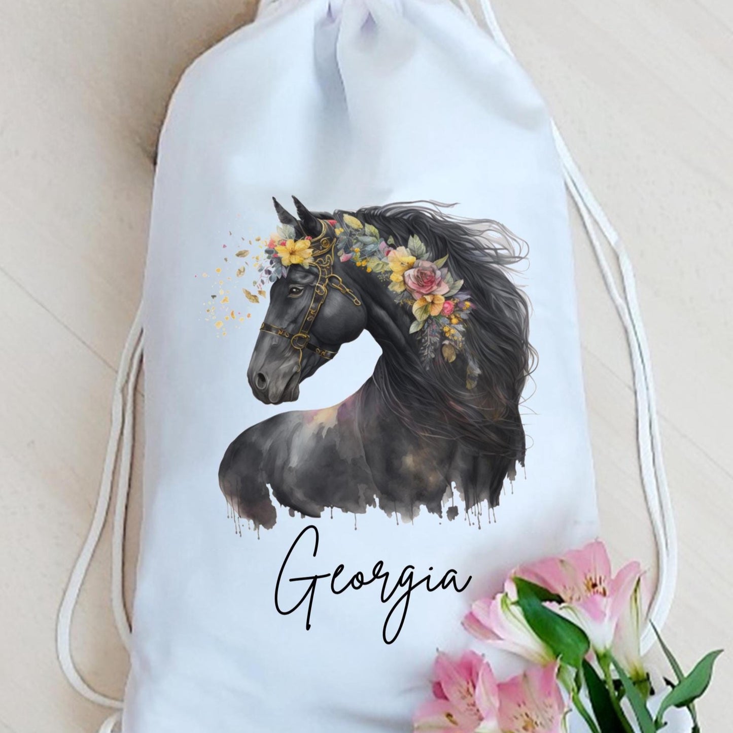 Personalised floral horse drawstring bag