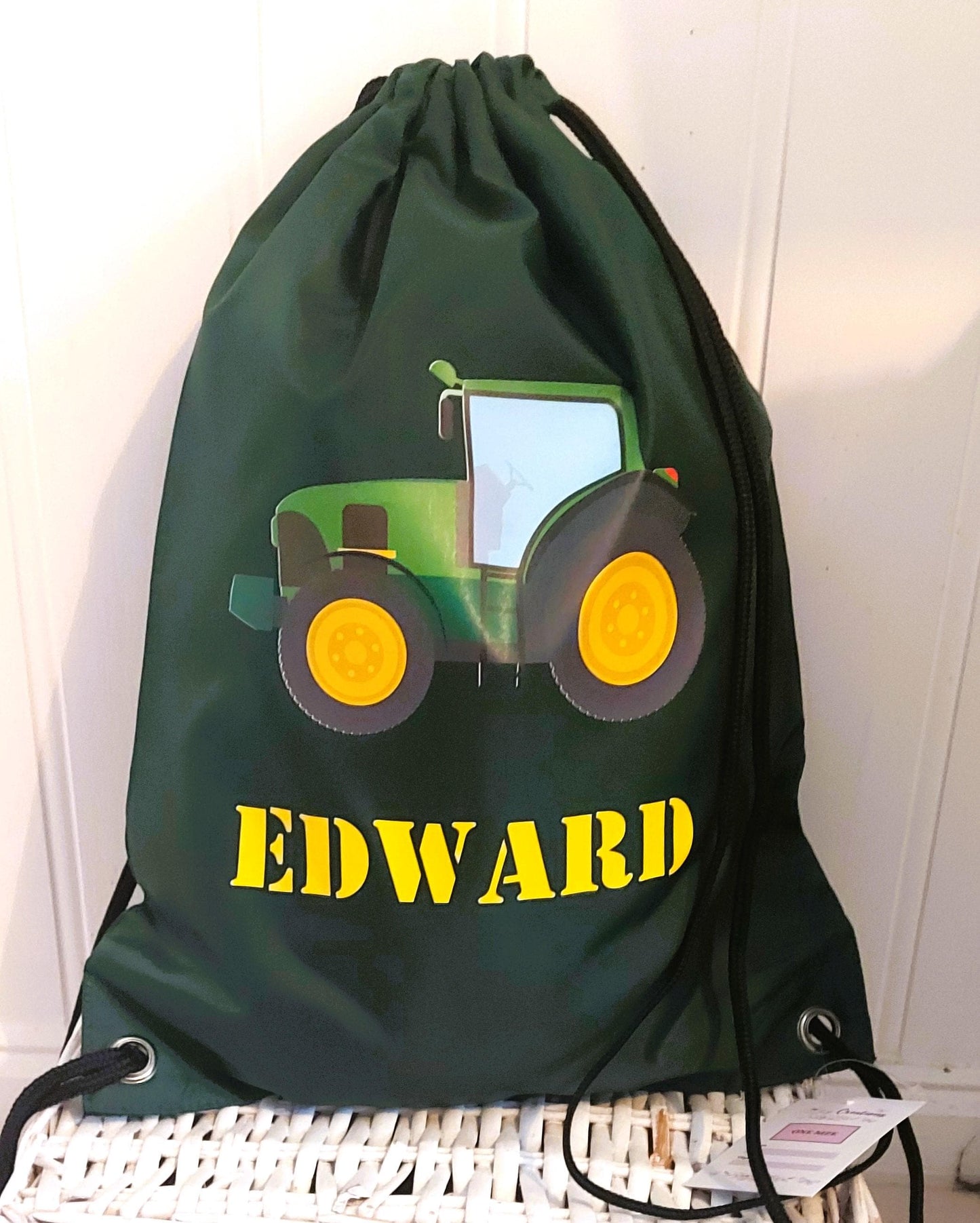 Personalised green tractor PE drawstring bag