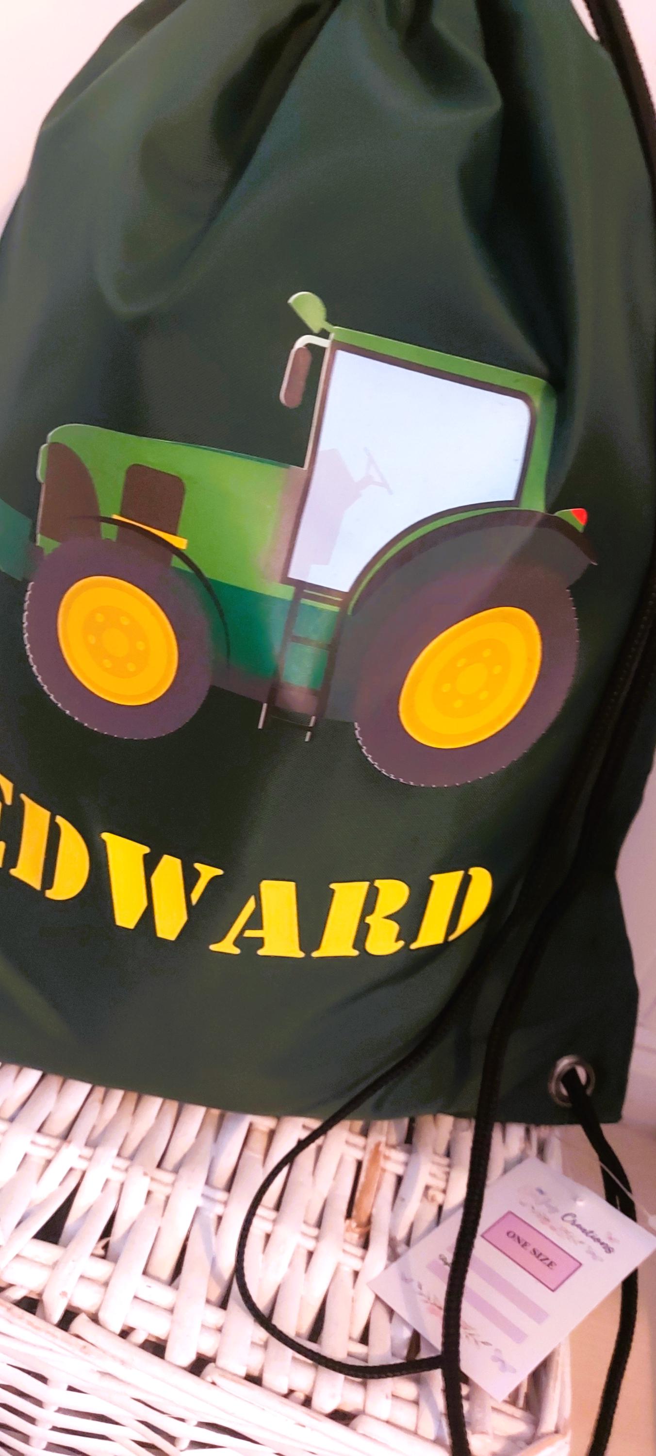 Personalised green tractor PE drawstring bag