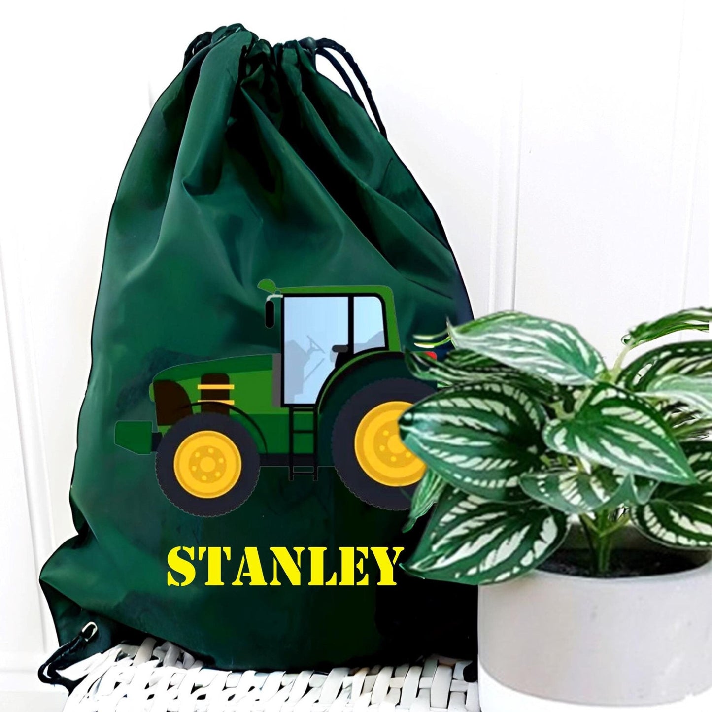 Personalised green tractor PE drawstring bag