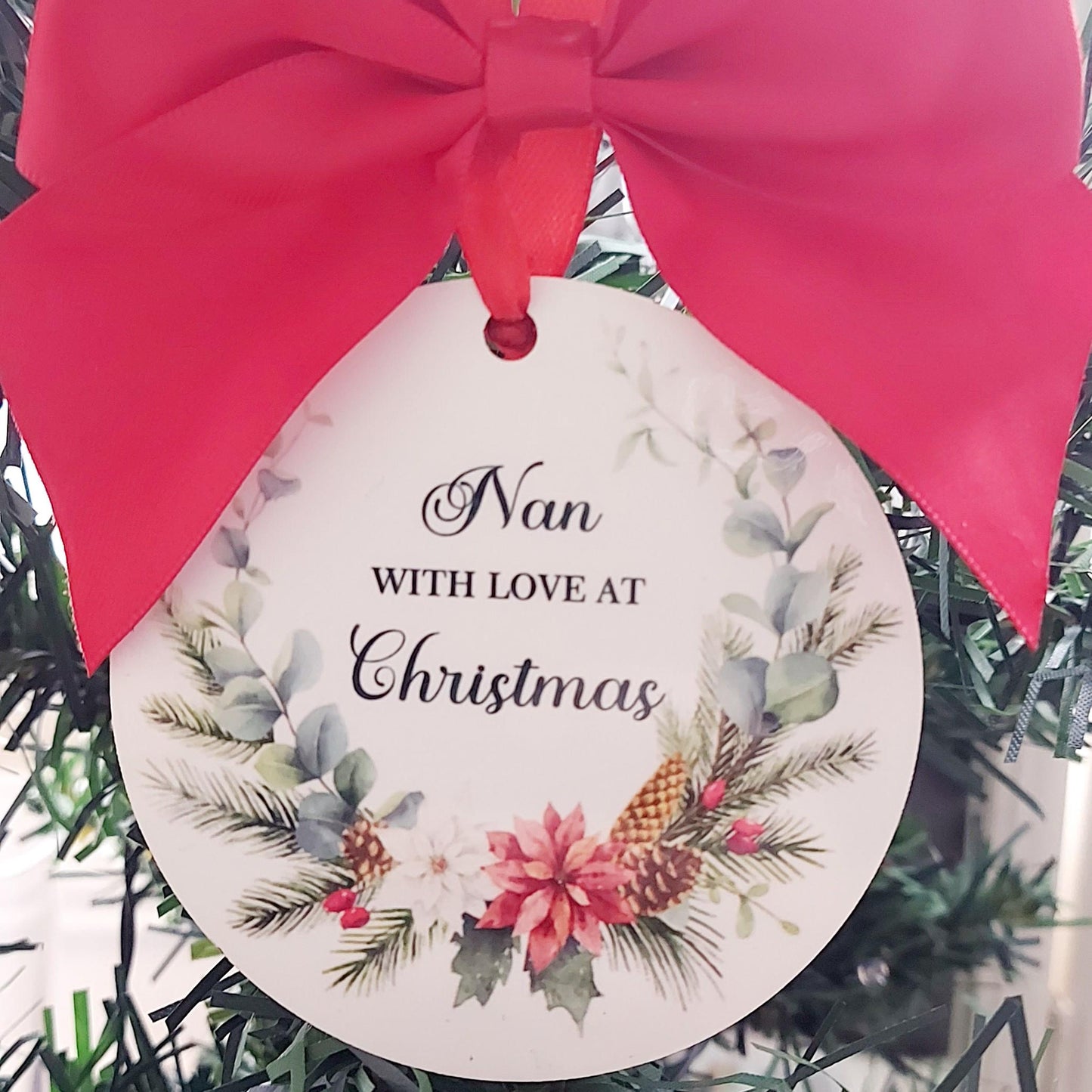 personalised Nan Christmas Bauble: Poinsettia Wreath Ornament