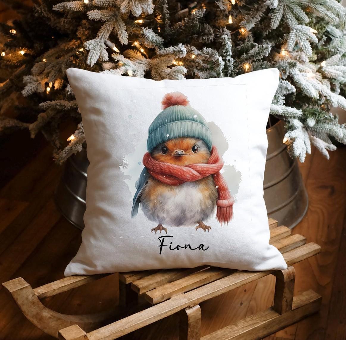 Personalised cute Christmas robin cushion