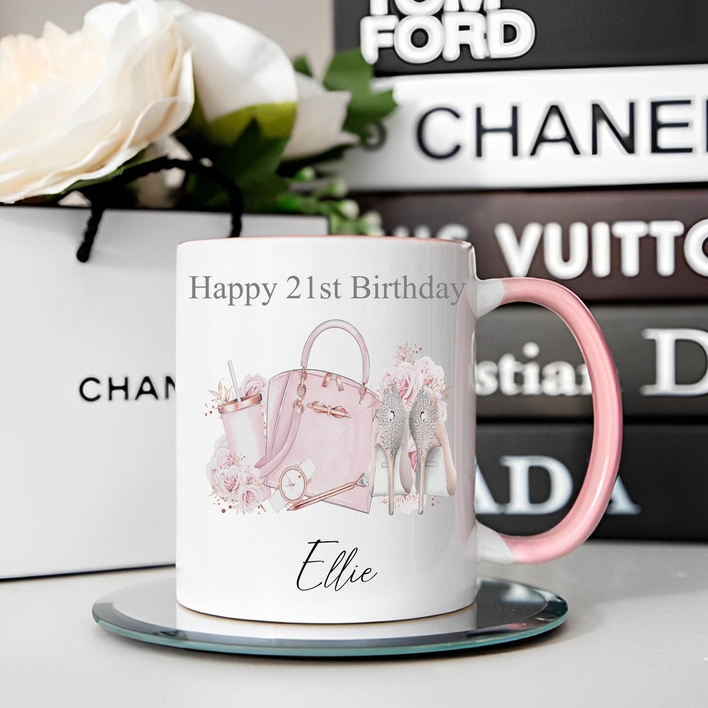 Personalised 21st Birthday mug – Pink Handbag & Heels Design