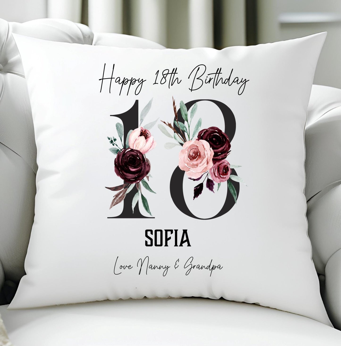 Personalised 18th Birthday cushion, 18th Birthday gift for her, floral number cushion, gift for a teenager