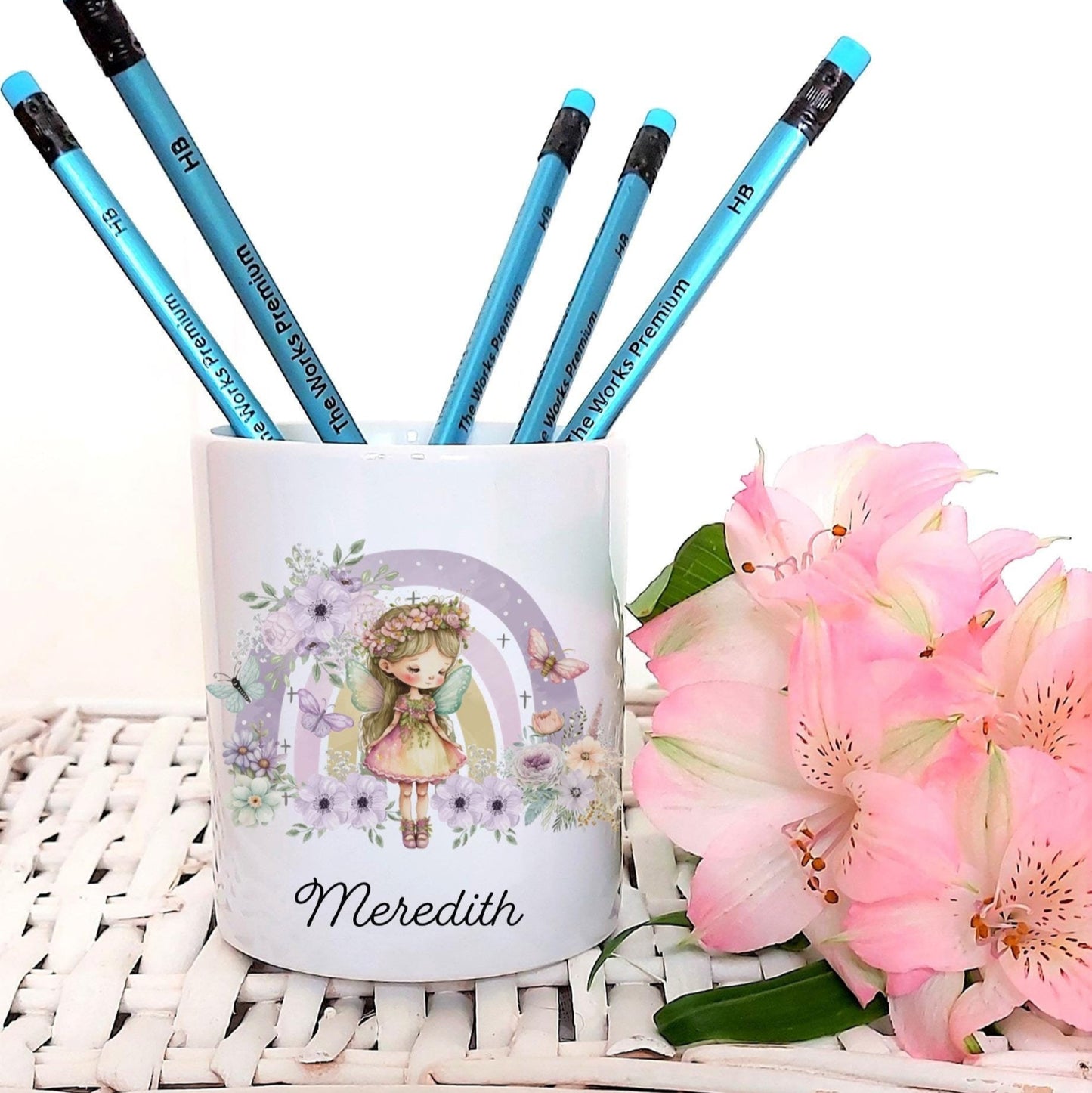 Personalised rainbow fairy pen pot