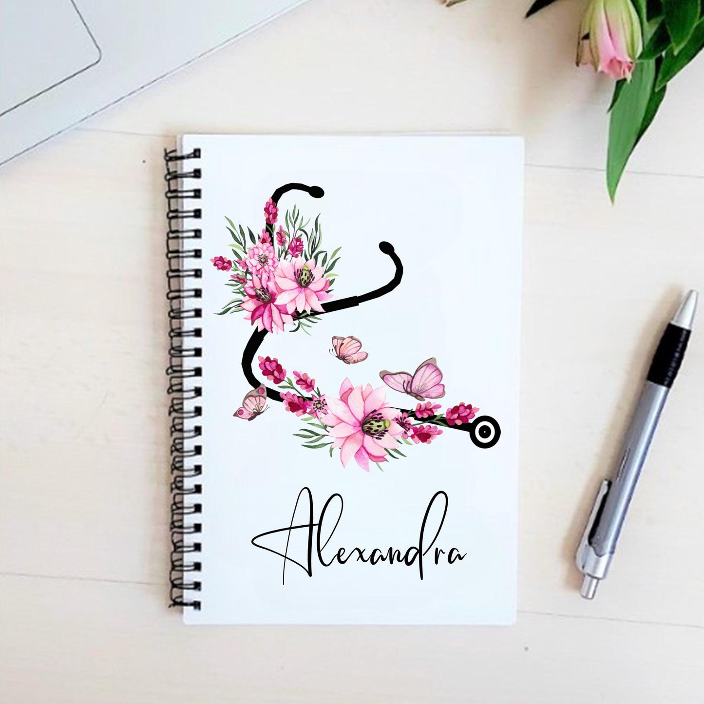 Personalised A5 floral stethoscope notebook