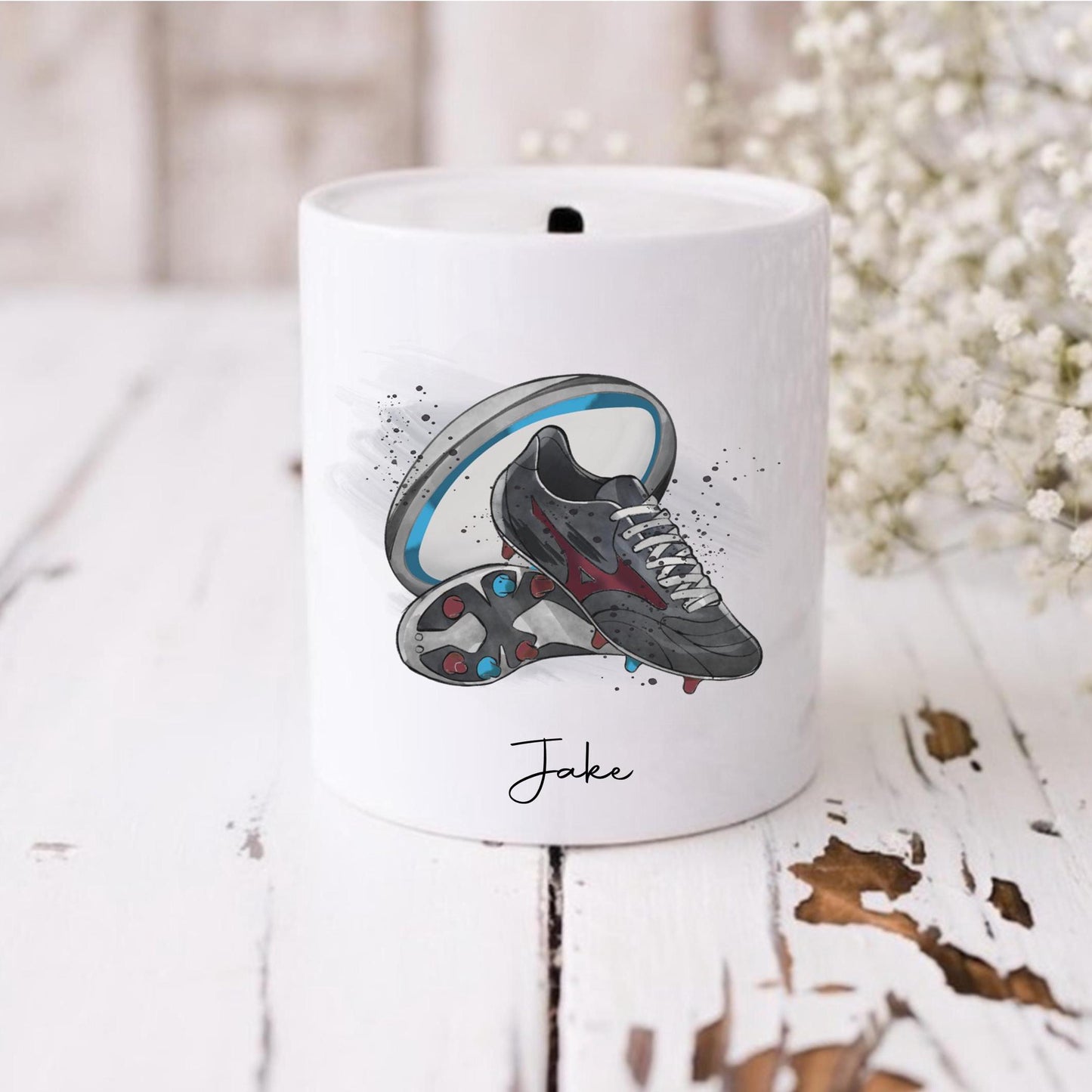 Personalised rugby money Box, rugby boots savings jar, rugby fund, boys rugby piggy bank, girls rugby piggy bank