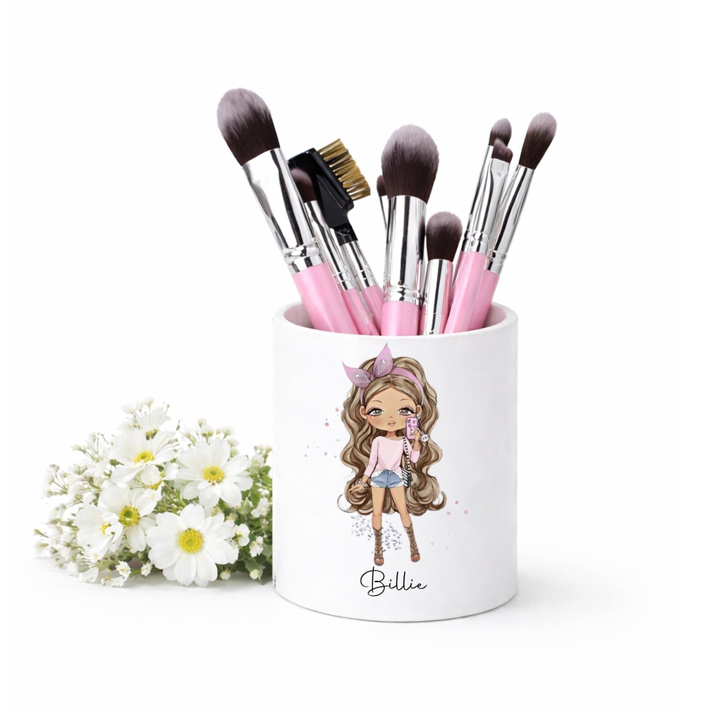 Personalised girl's character makeup brush holder, mascara holder, eye pencil storage, gift for a teenage girl