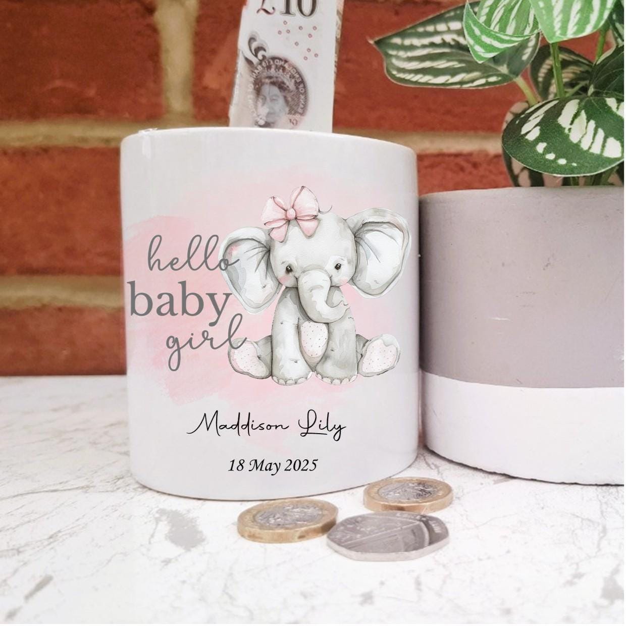 Personalised baby girl elephant money box, Hello Baby moneybox, personalised new baby girl gift
