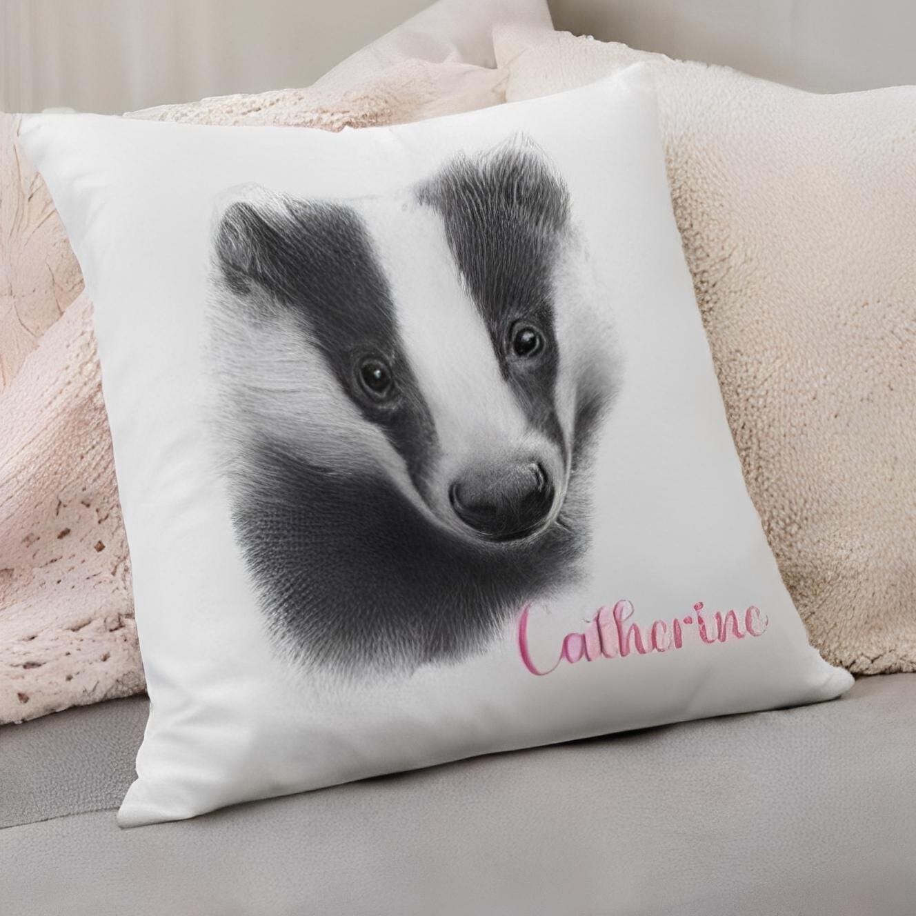 Personalised pencil drawn badger cushion, pencil sketch badger, badger cushion