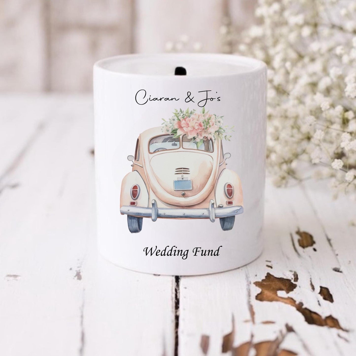 Personalised wedding savings, wedding fund, wedding car moneybox,
