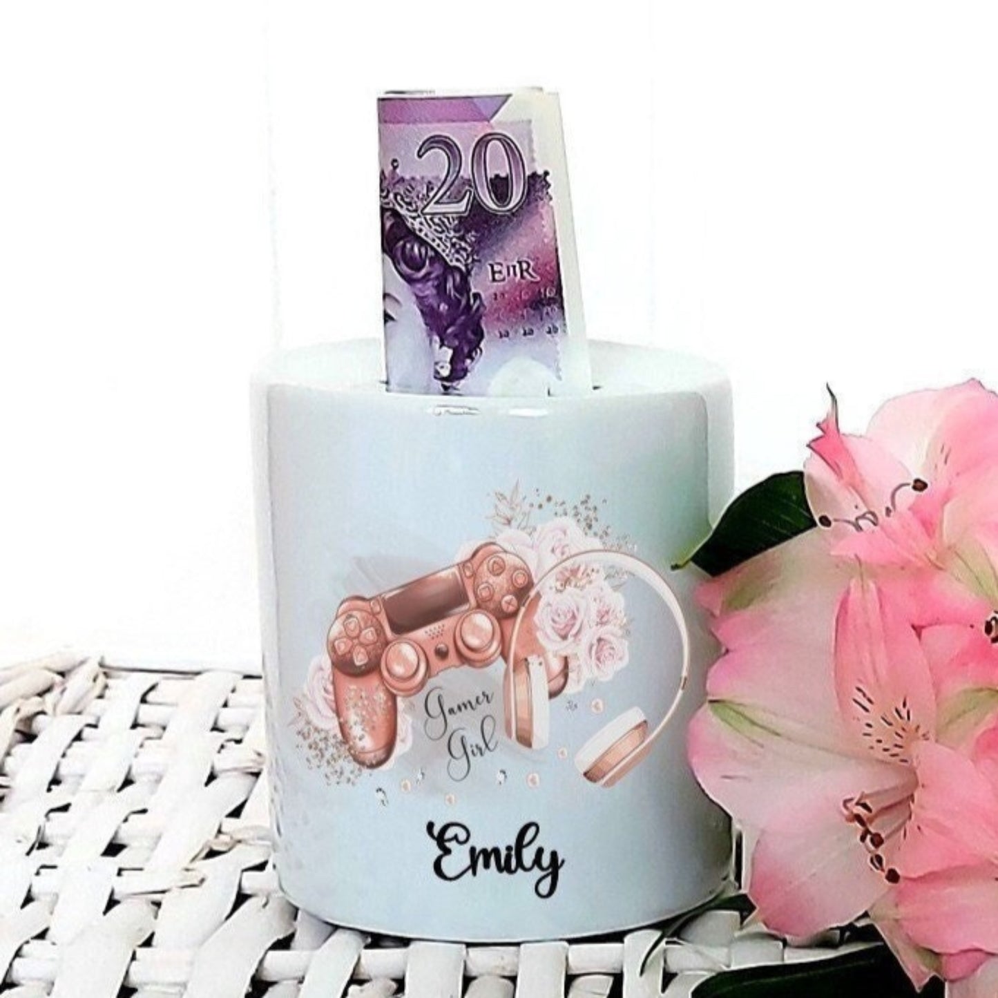 Personalised gamer girl money box, gamer gift, gamer moneybox