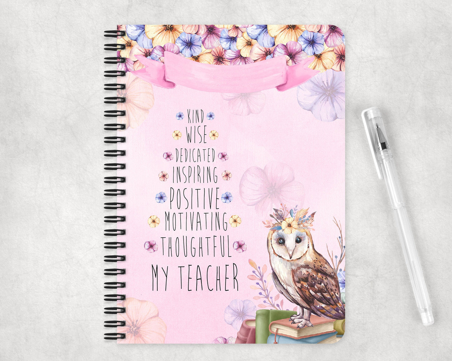 Personalised teacher note book, end of term gift, wise owl, personalised teacher present